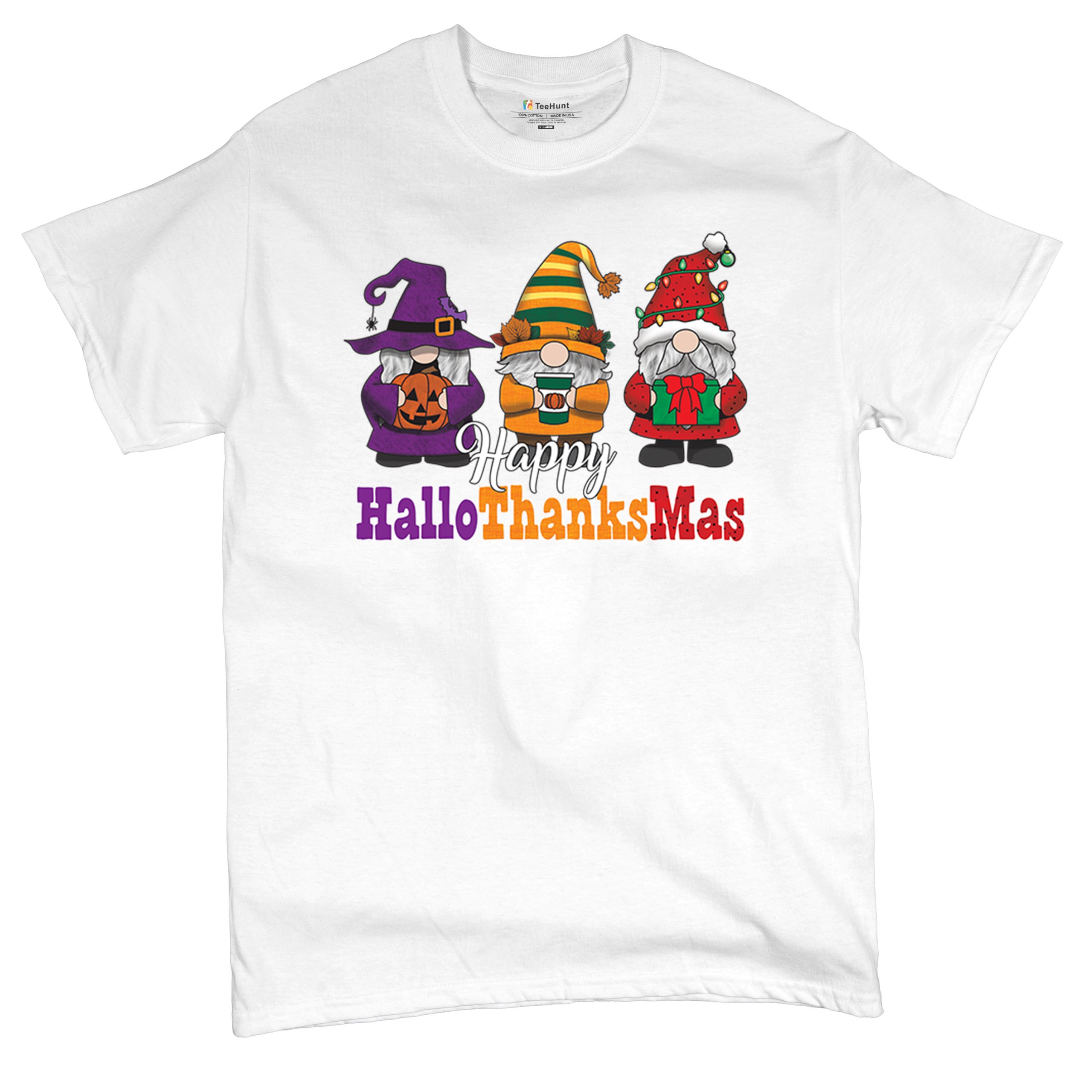 HallowThanksMas T-shirt Gnomes Halloween Thanksgiving Christmas Men's Tee - Picture 48 of 113