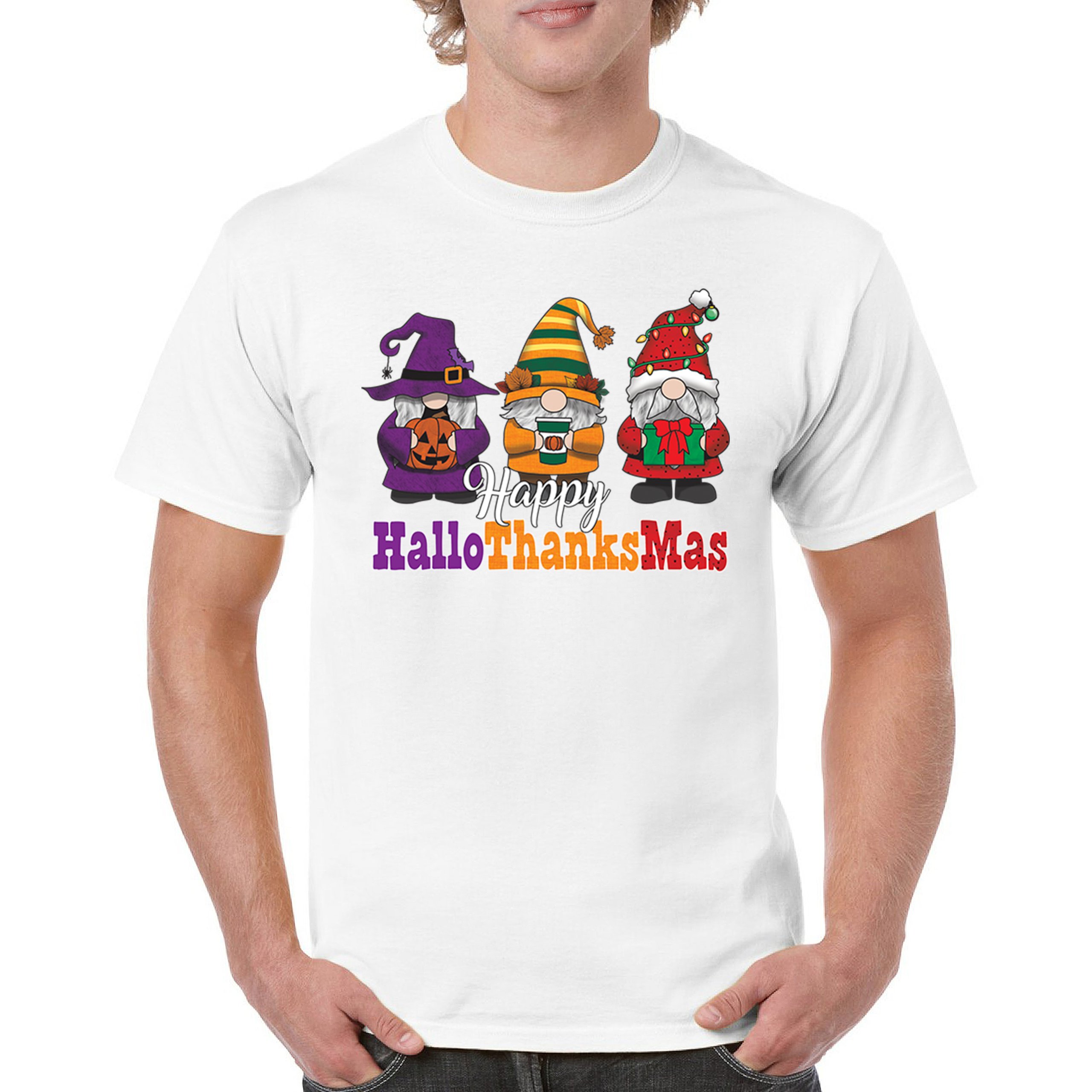 HallowThanksMas T-shirt Gnomes Halloween Thanksgiving Christmas Men's Tee - Picture 44 of 113