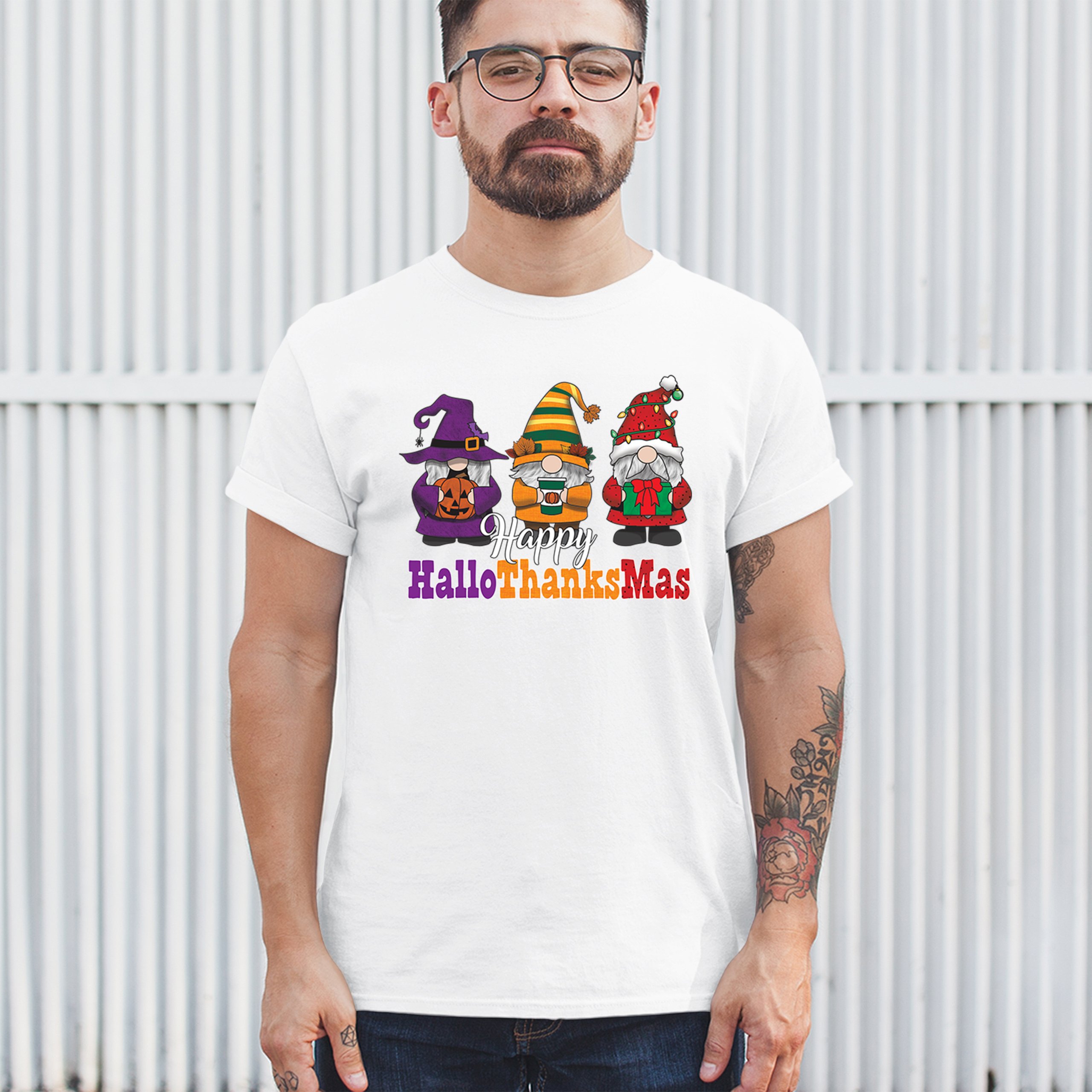 HallowThanksMas T-shirt Gnomes Halloween Thanksgiving Christmas Men's Tee - Picture 47 of 113