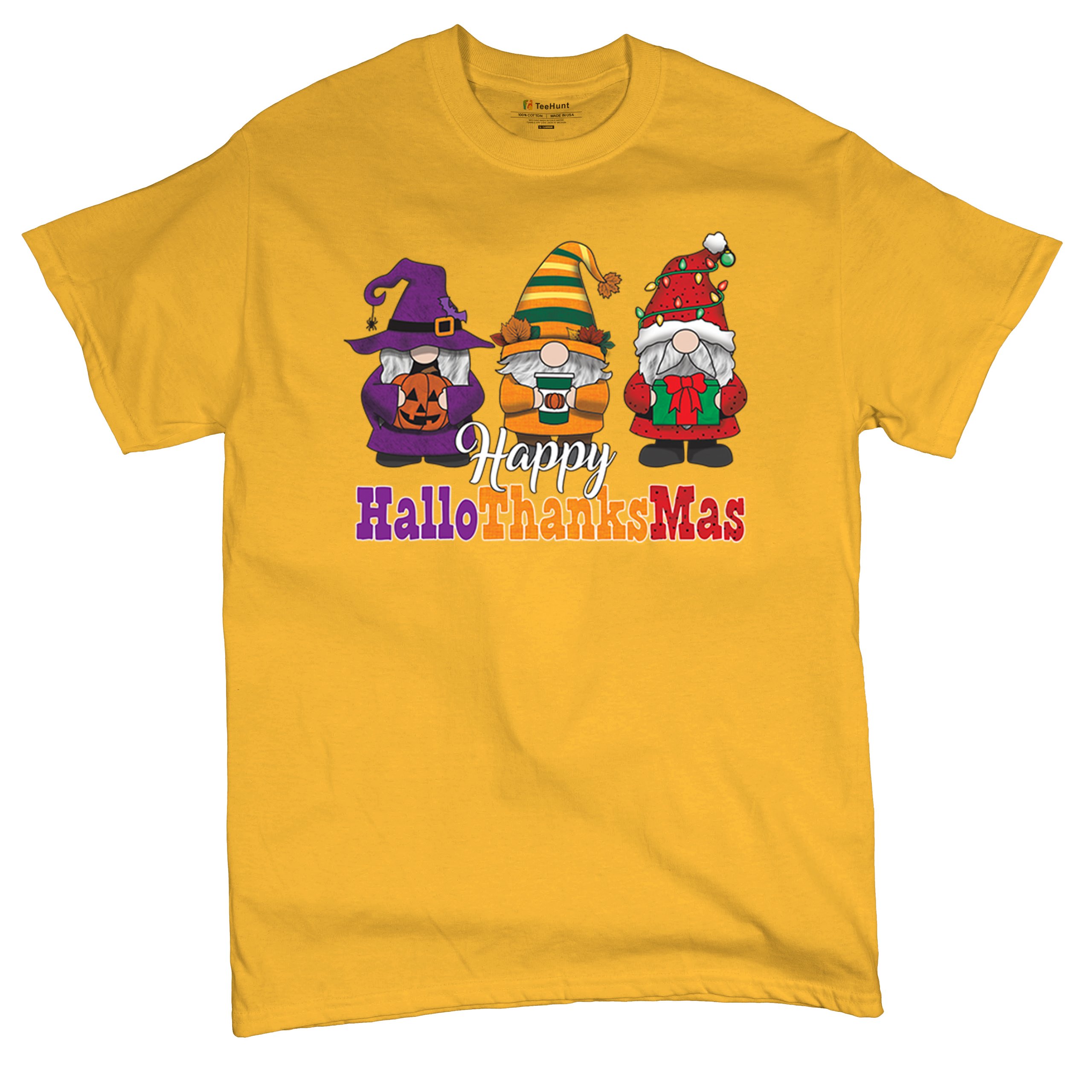 HallowThanksMas T-shirt Gnomes Halloween Thanksgiving Christmas Men's Tee - Picture 111 of 113