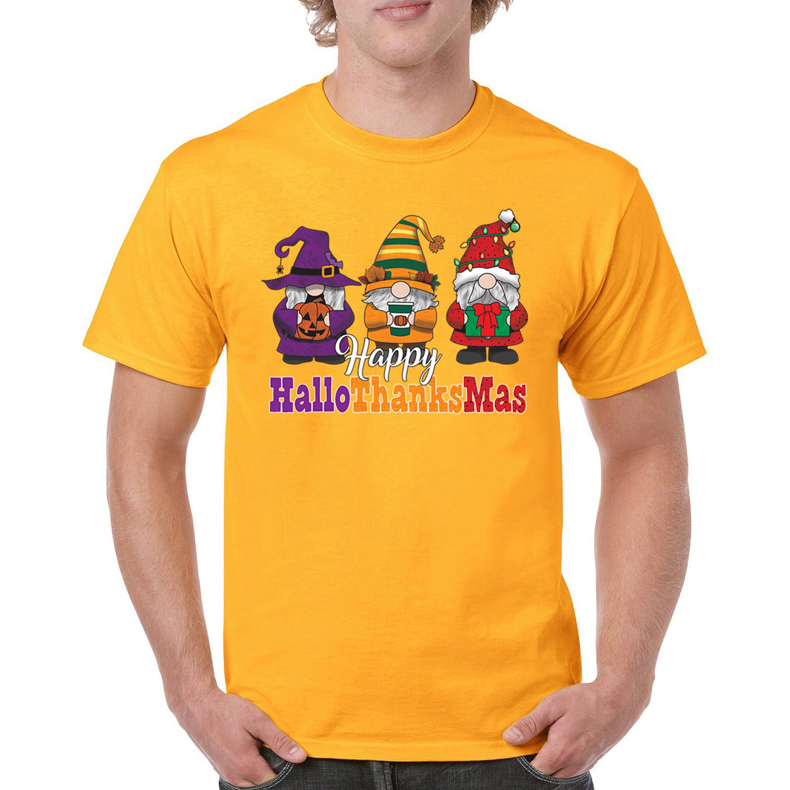 HallowThanksMas T-shirt Gnomes Halloween Thanksgiving Christmas Men's Tee - Picture 107 of 113