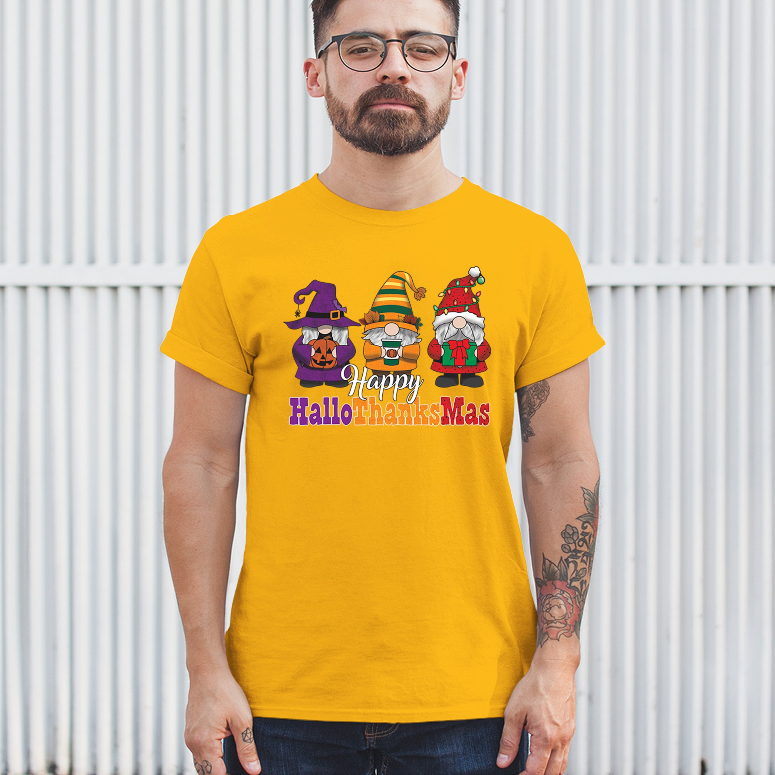 HallowThanksMas T-shirt Gnomes Halloween Thanksgiving Christmas Men's Tee - Picture 110 of 113