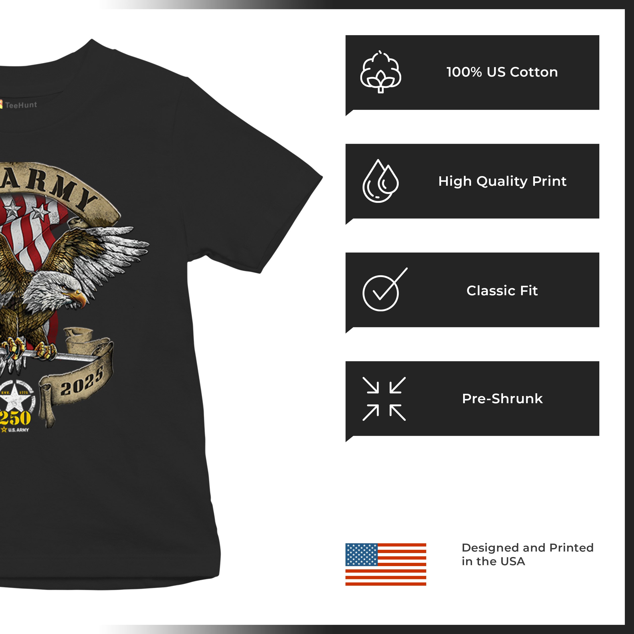 US Army Eagle Youth T-shirt 250 Anniversary American Veteran DD 214 Kids - Picture 7 of 43
