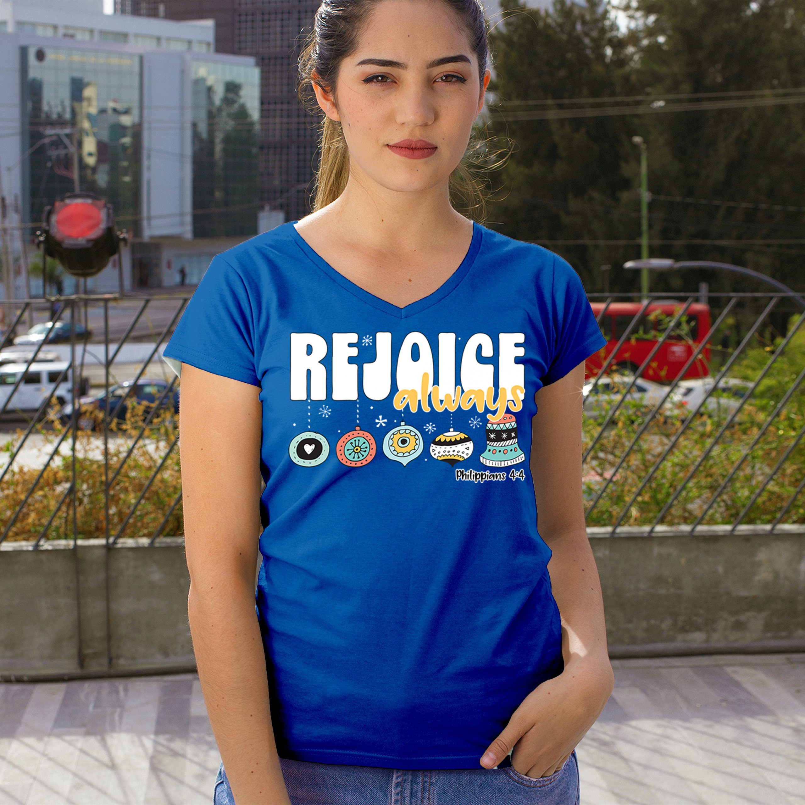 Rejoice Always Philippians 4:4 Women's V-Neck T-shirt Christmas Christian Tee