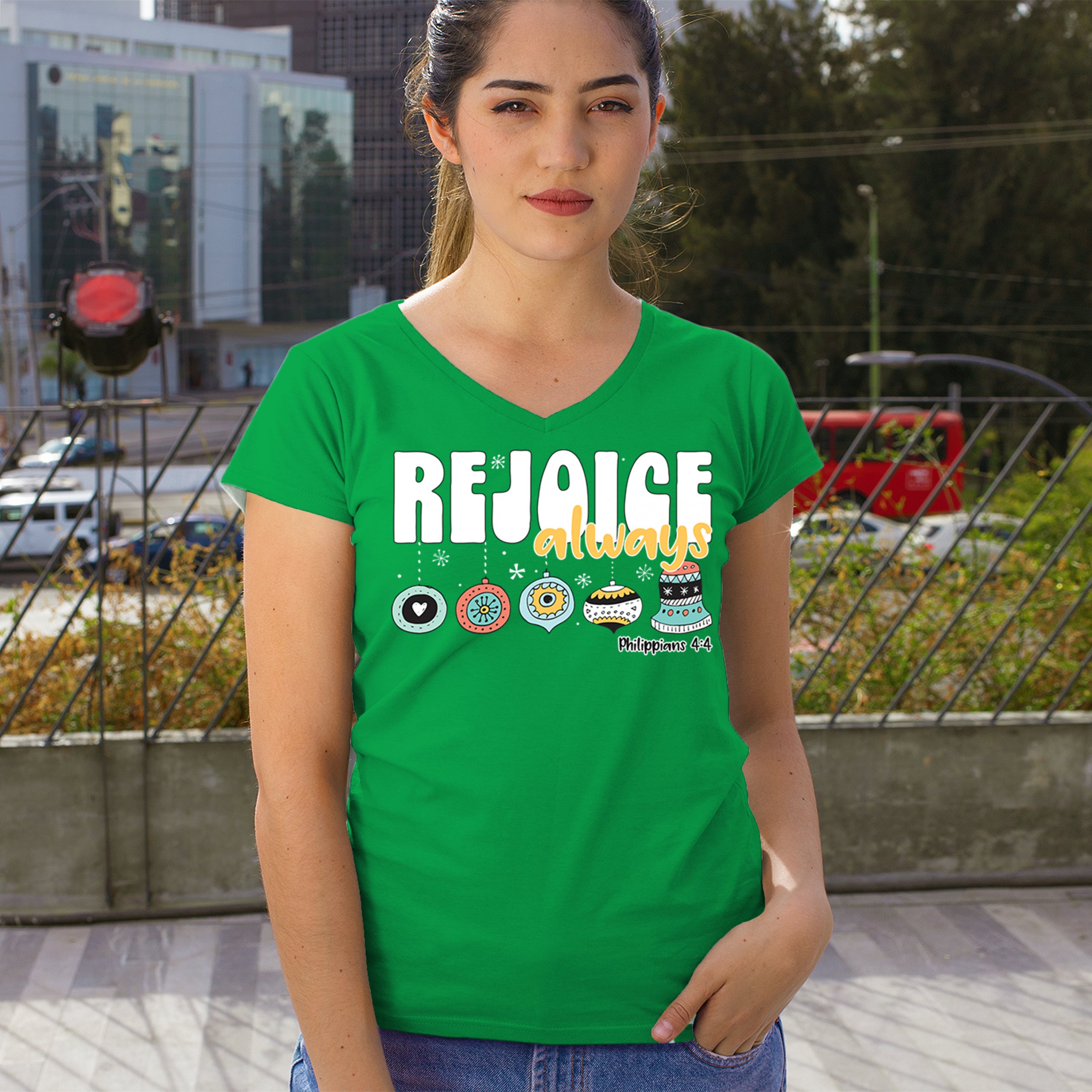 Rejoice Always Philippians 4:4 Women's V-Neck T-shirt Christmas Christian Tee