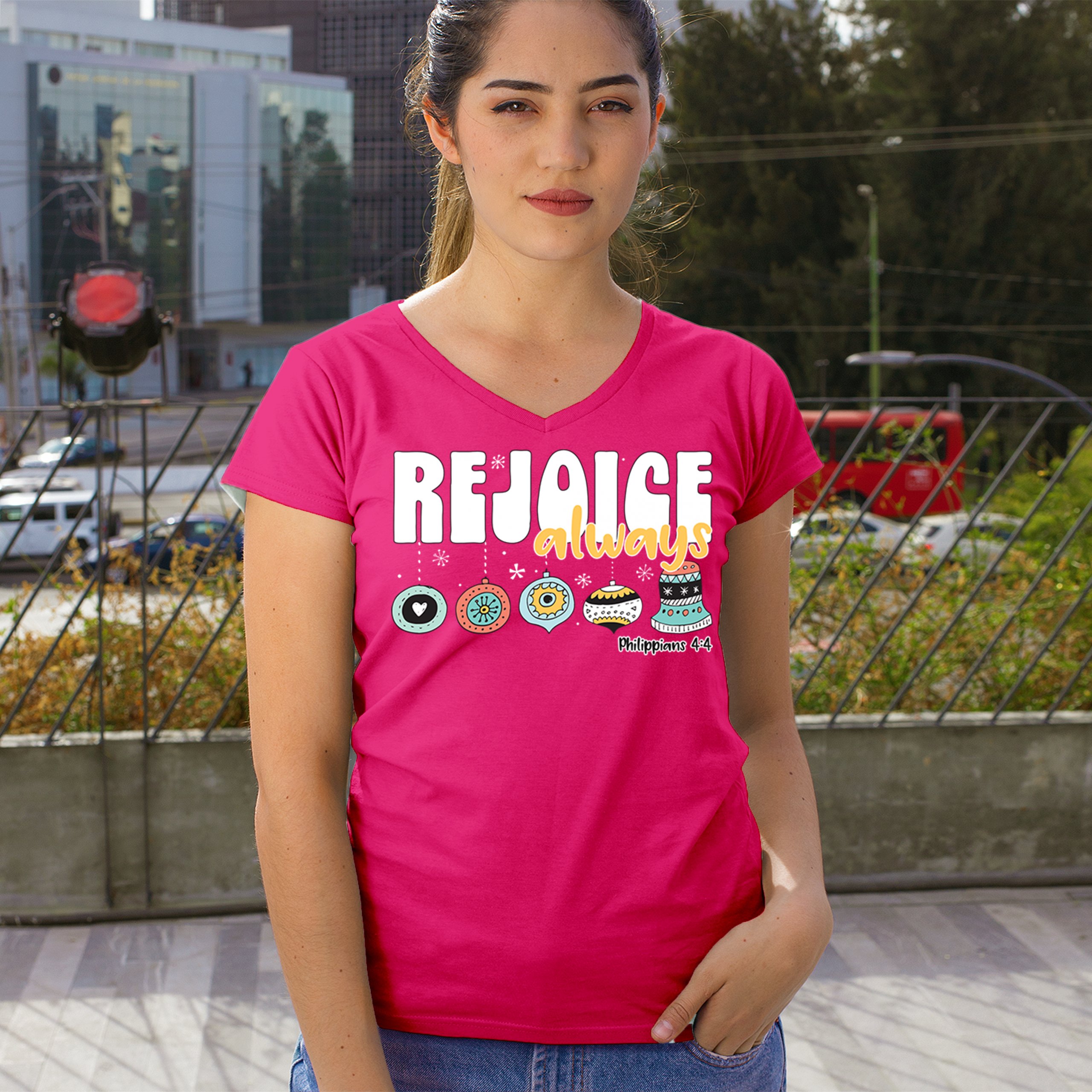 Rejoice Always Philippians 4:4 Women's V-Neck T-shirt Christmas Christian Tee