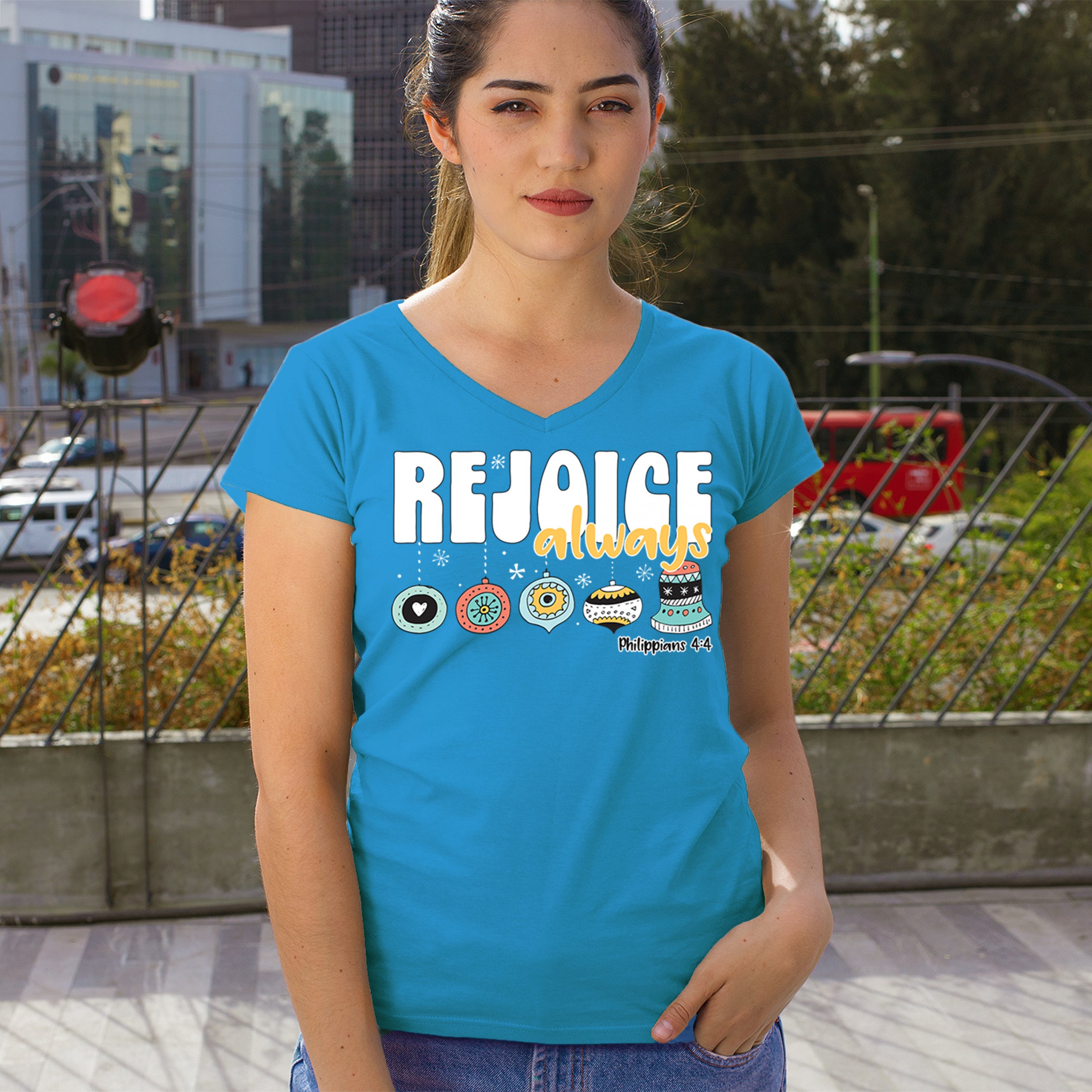 Rejoice Always Philippians 4:4 Women's V-Neck T-shirt Christmas Christian Tee