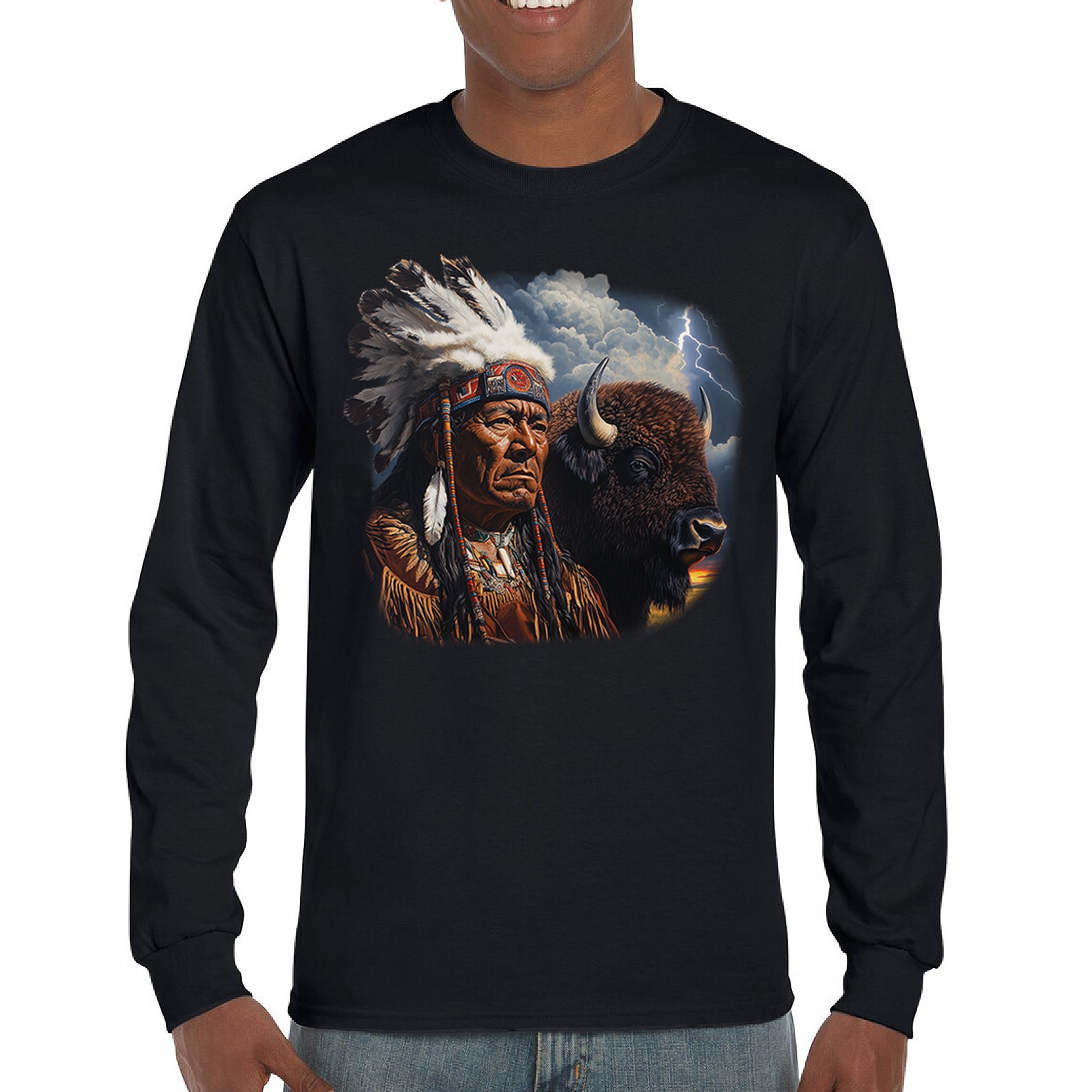 Native American Bison Chief Long Sleeve T-shirt Spiritual Buffalo Tribal Totem