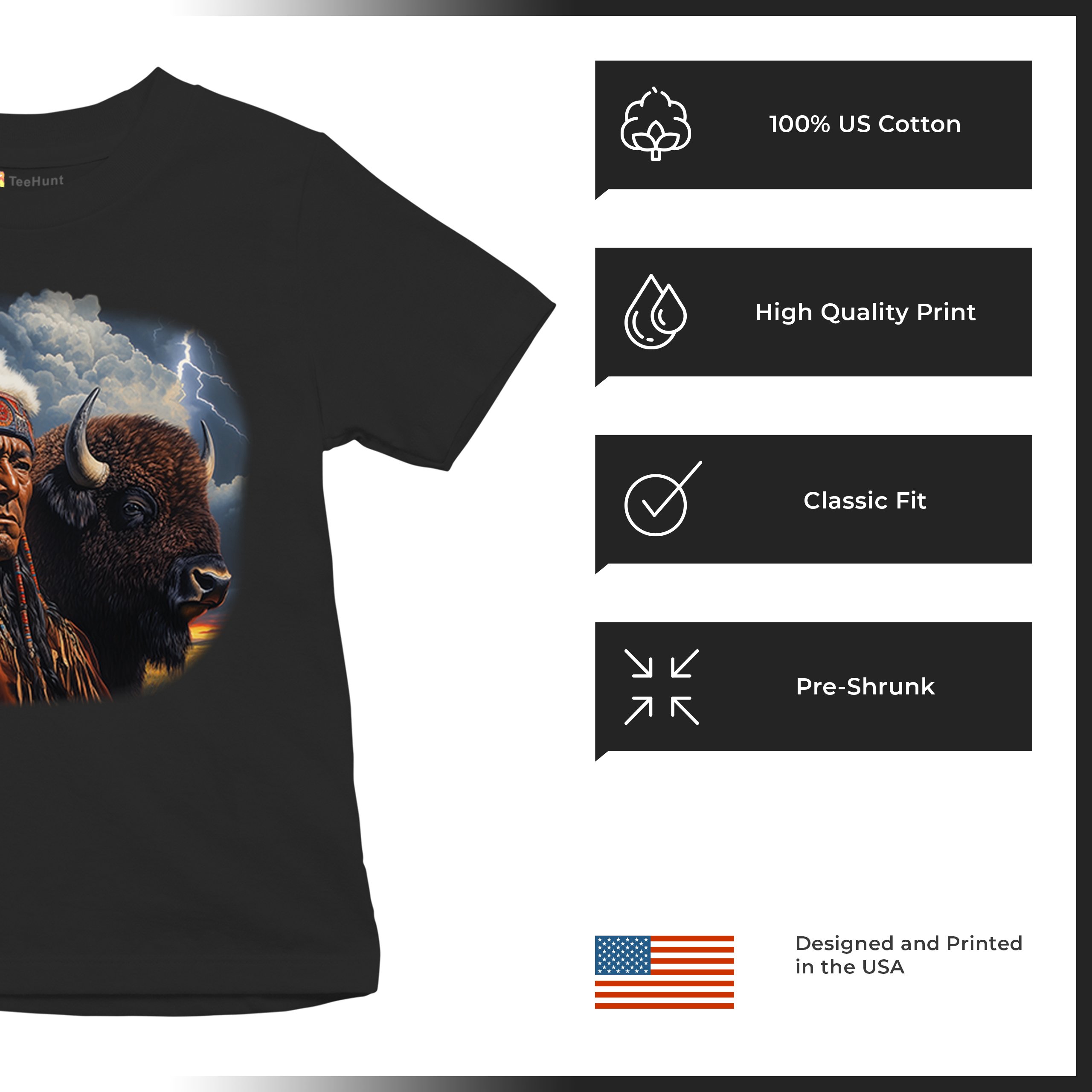Native American Bison Chief Youth T-shirt Spiritual Buffalo Tribal Totem Kids - Picture 7 of 50