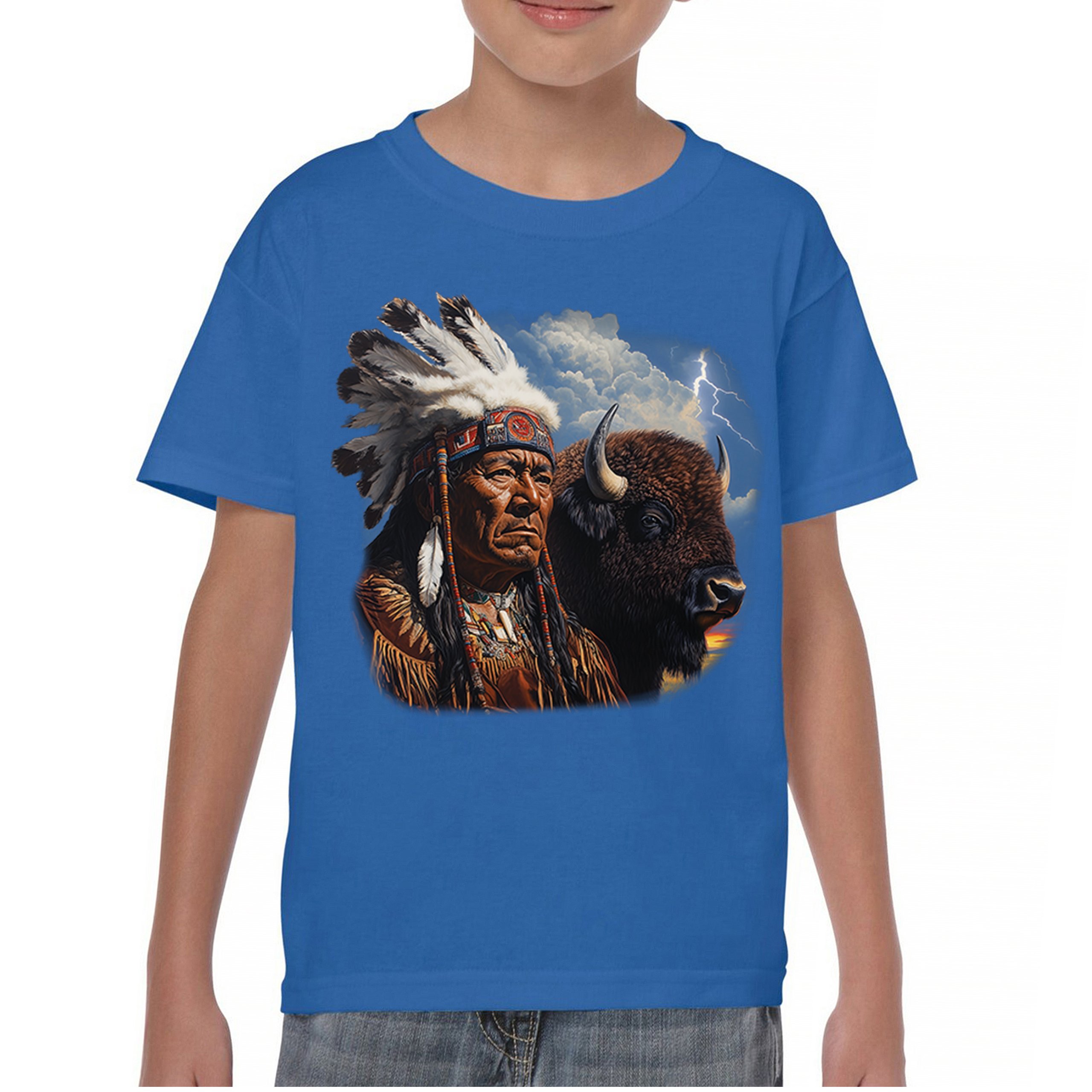 Native American Bison Chief Youth T-shirt Spiritual Buffalo Tribal Totem Kids - Picture 37 of 50