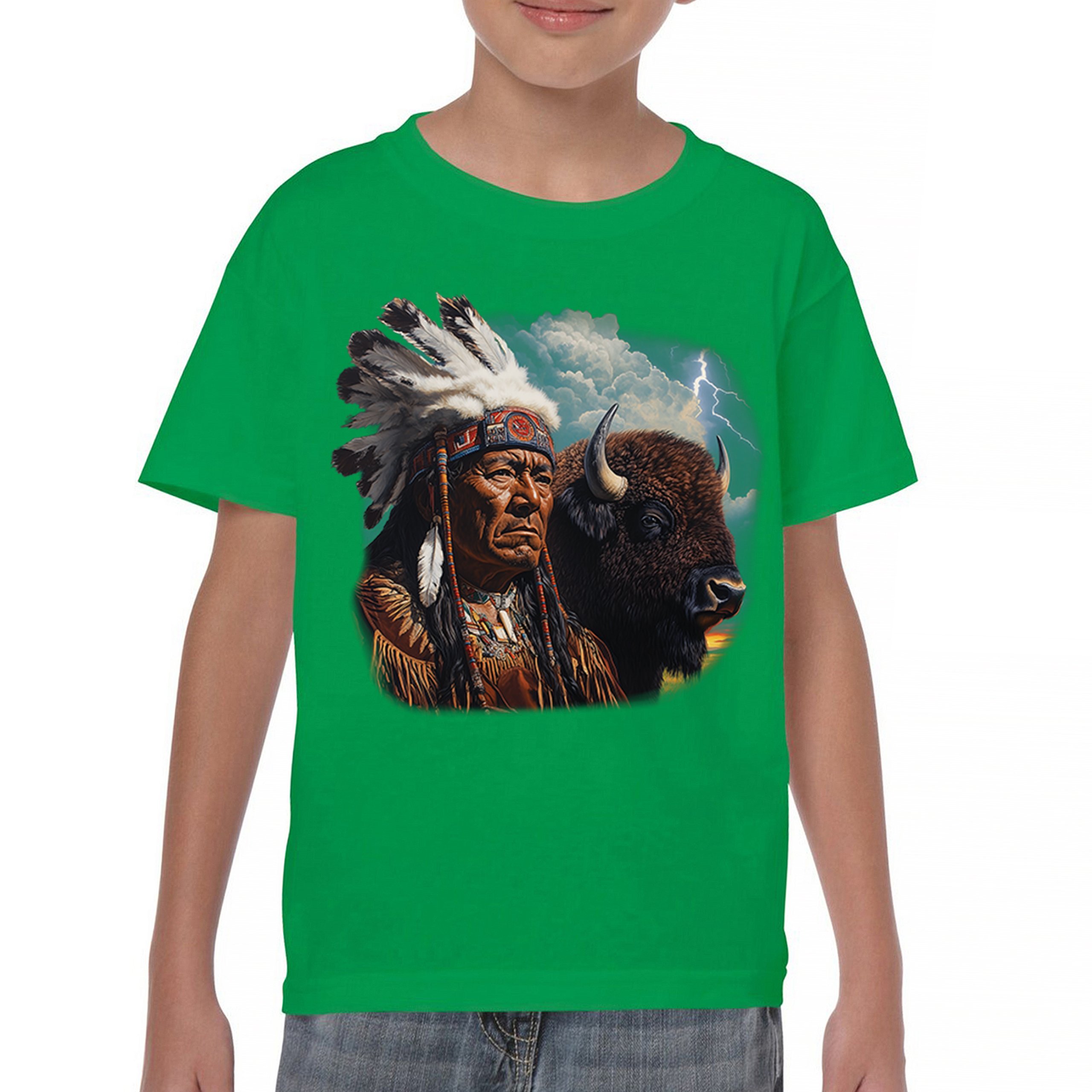 Native American Bison Chief Youth T-shirt Spiritual Buffalo Tribal Totem Kids - Picture 30 of 50