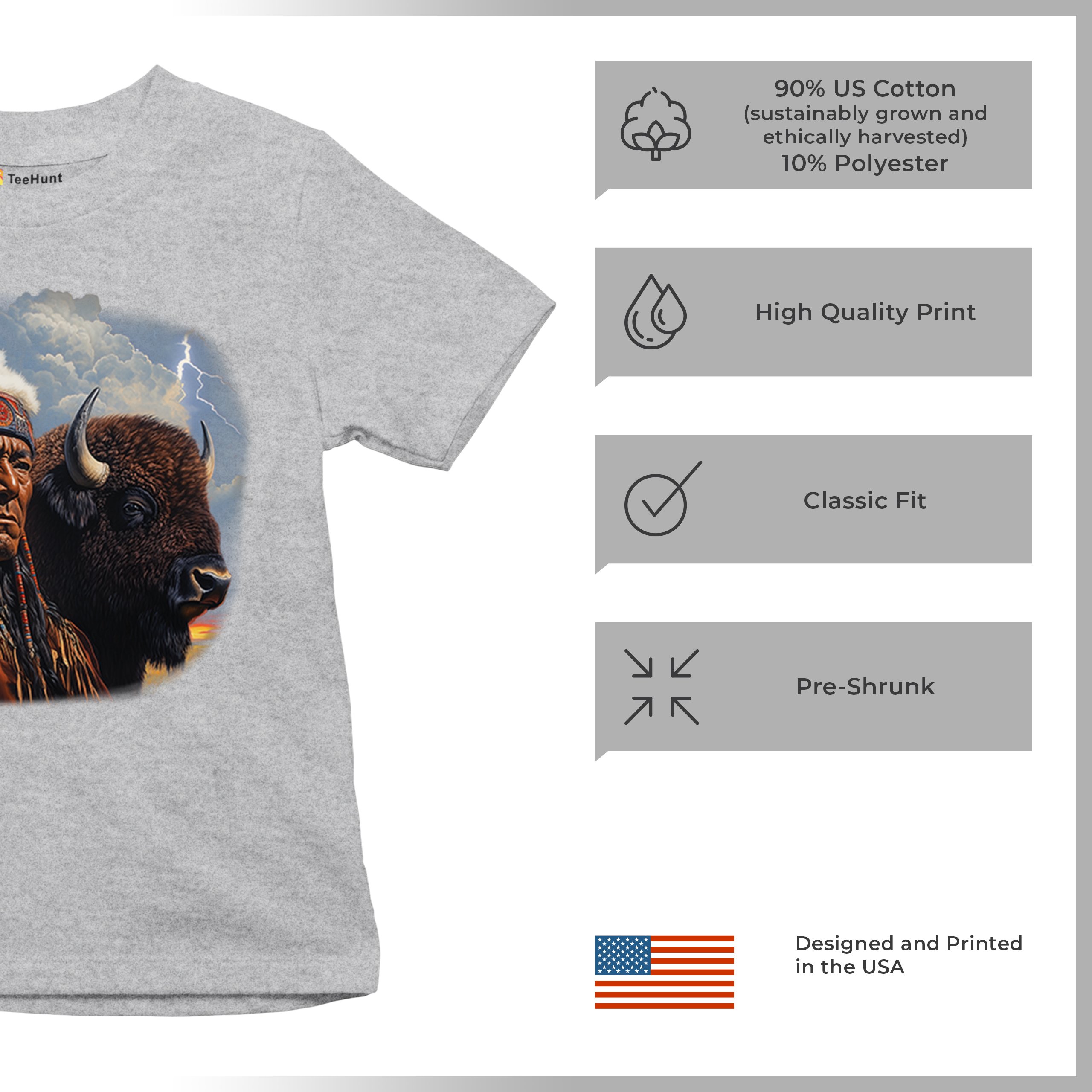 Native American Bison Chief Youth T-shirt Spiritual Buffalo Tribal Totem Kids - Picture 14 of 50