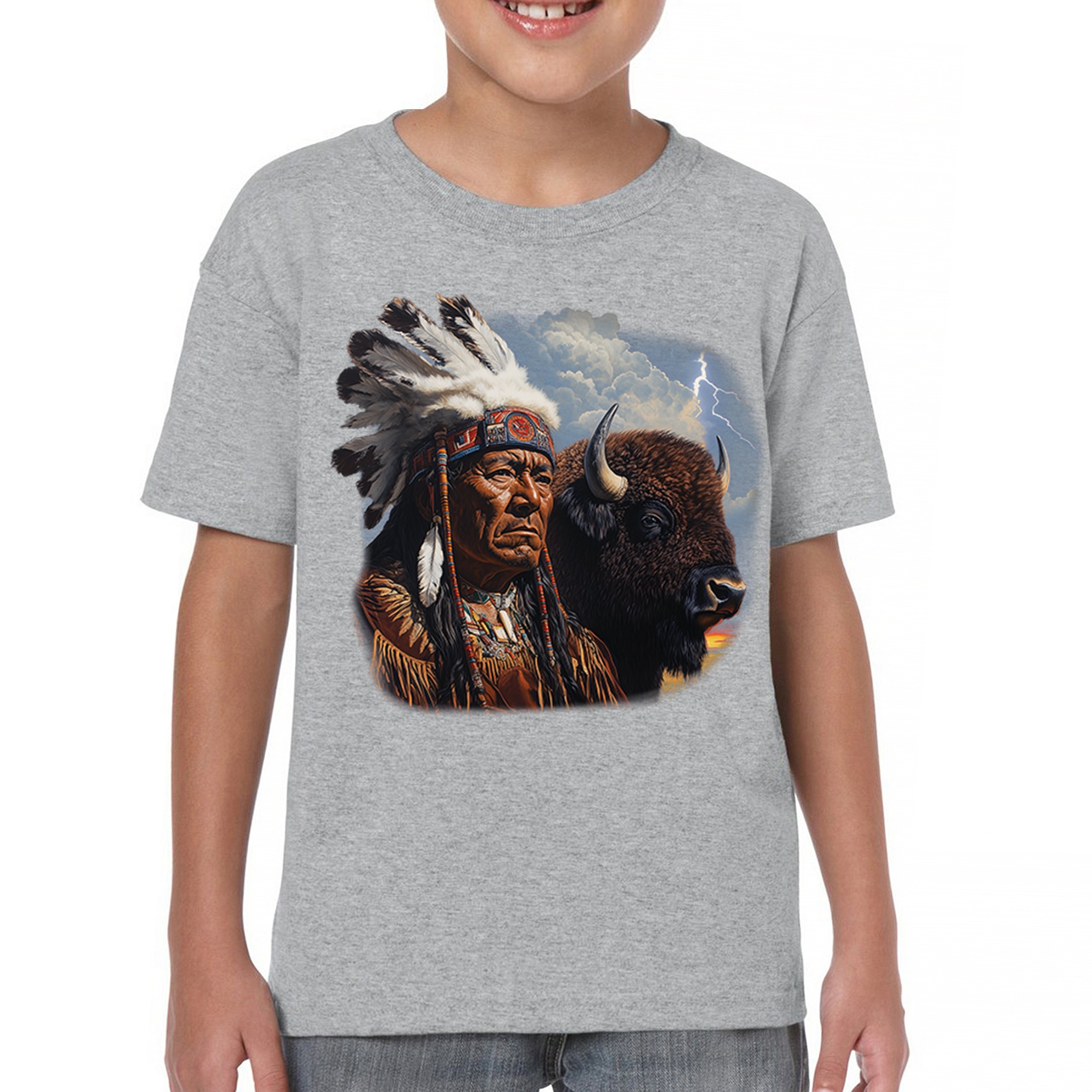 Native American Bison Chief Youth T-shirt Spiritual Buffalo Tribal Totem Kids - Picture 9 of 50