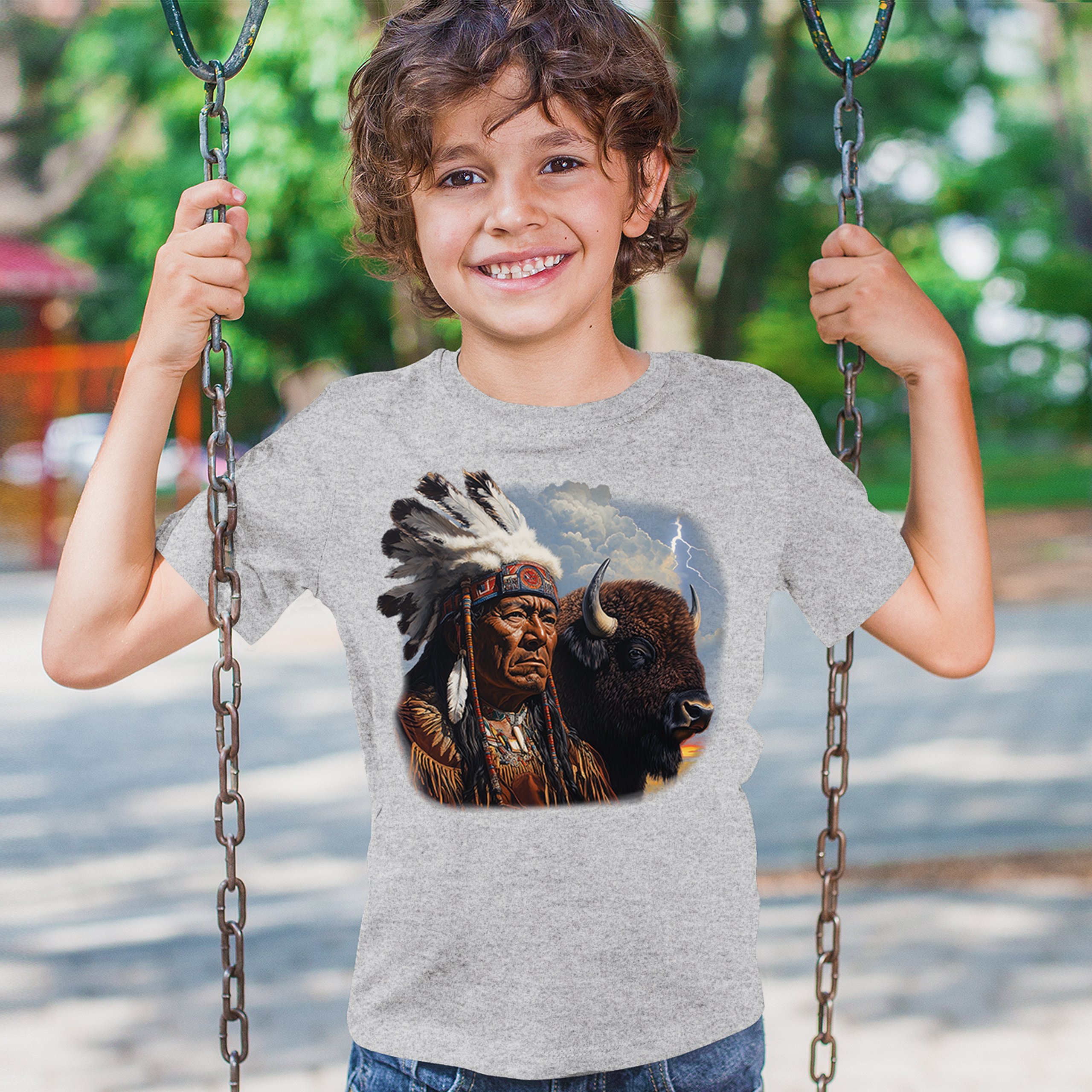 Native American Bison Chief Youth T-shirt Spiritual Buffalo Tribal Totem Kids - Picture 12 of 50