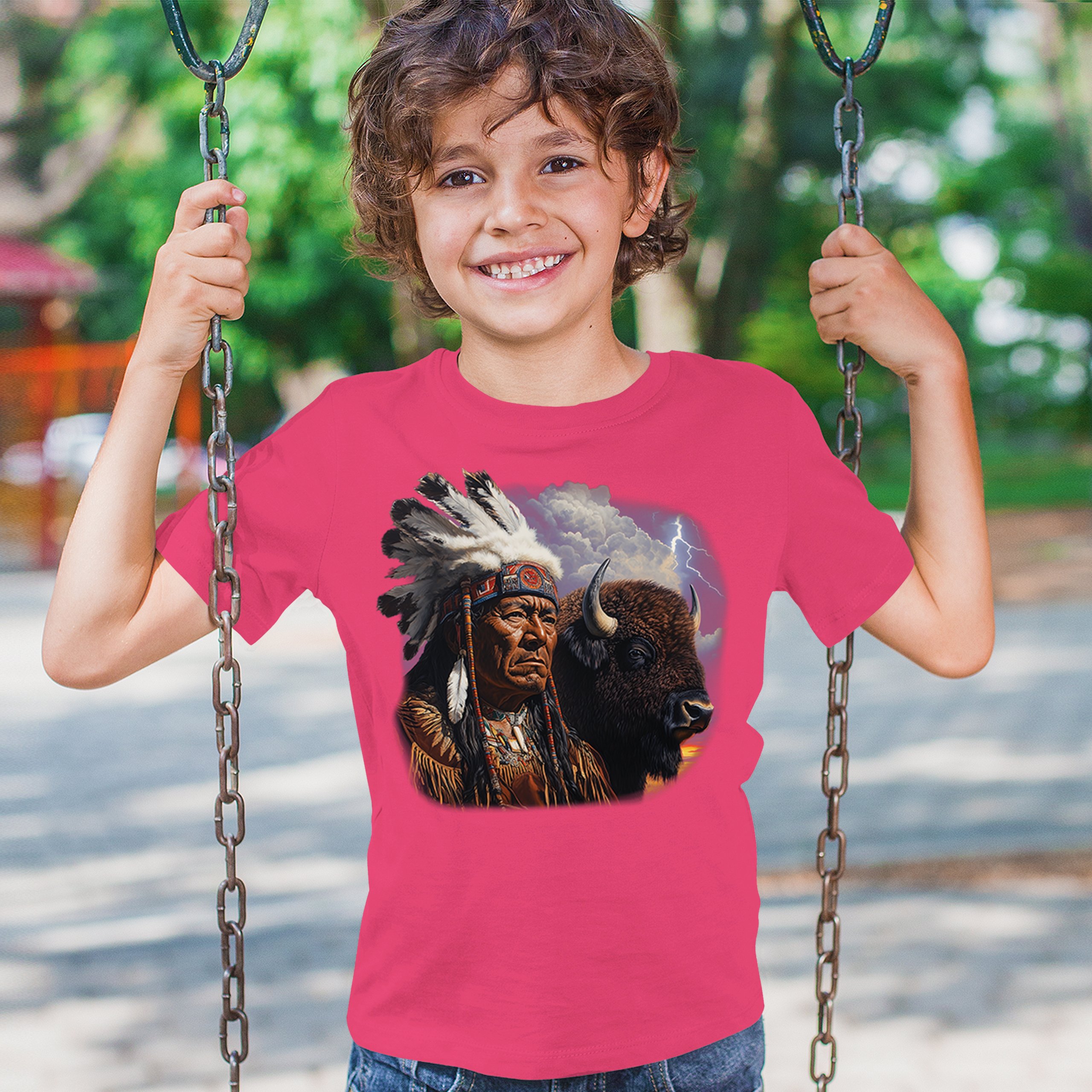 Native American Bison Chief Youth T-shirt Spiritual Buffalo Tribal Totem Kids - Picture 47 of 50
