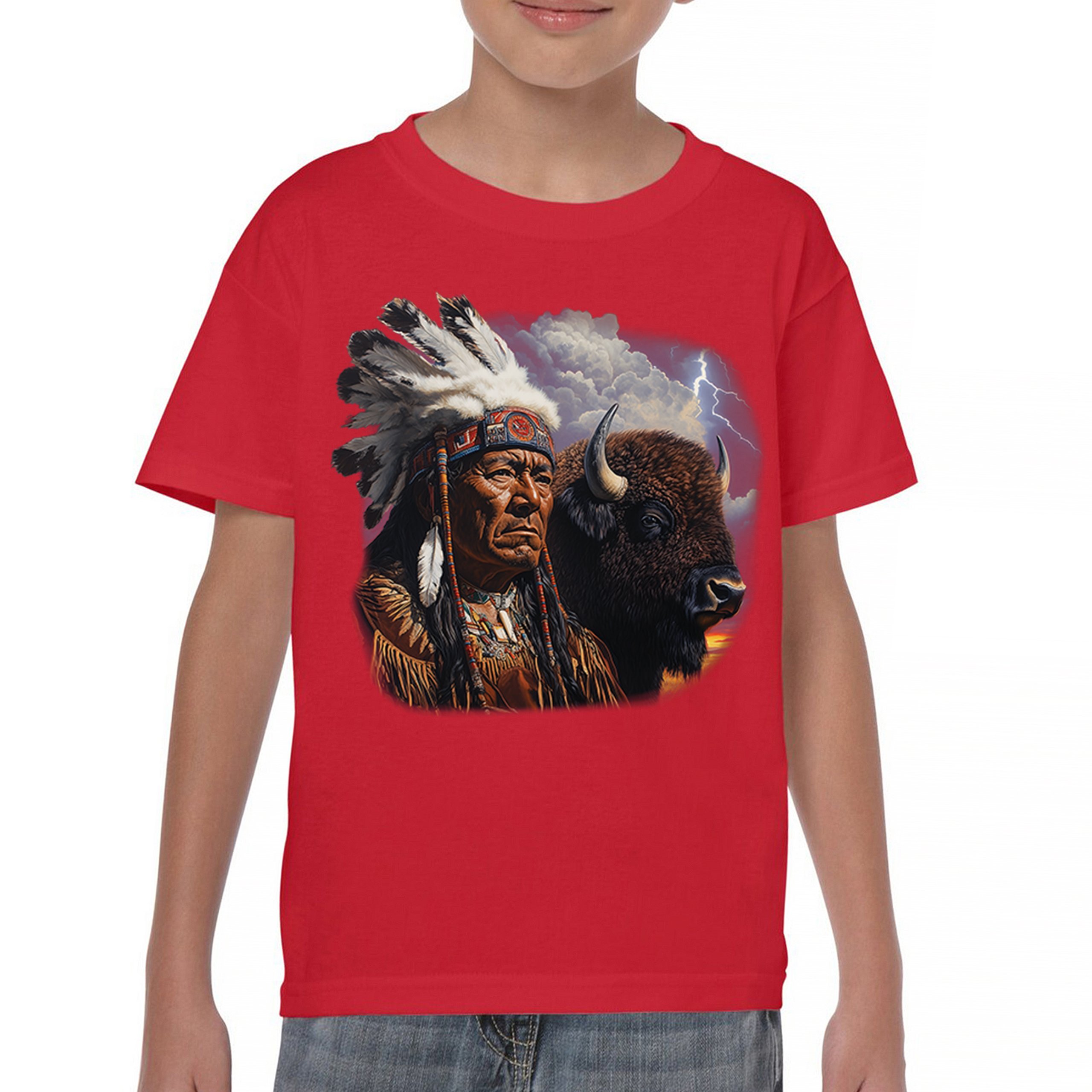 Native American Bison Chief Youth T-shirt Spiritual Buffalo Tribal Totem Kids - Picture 16 of 50