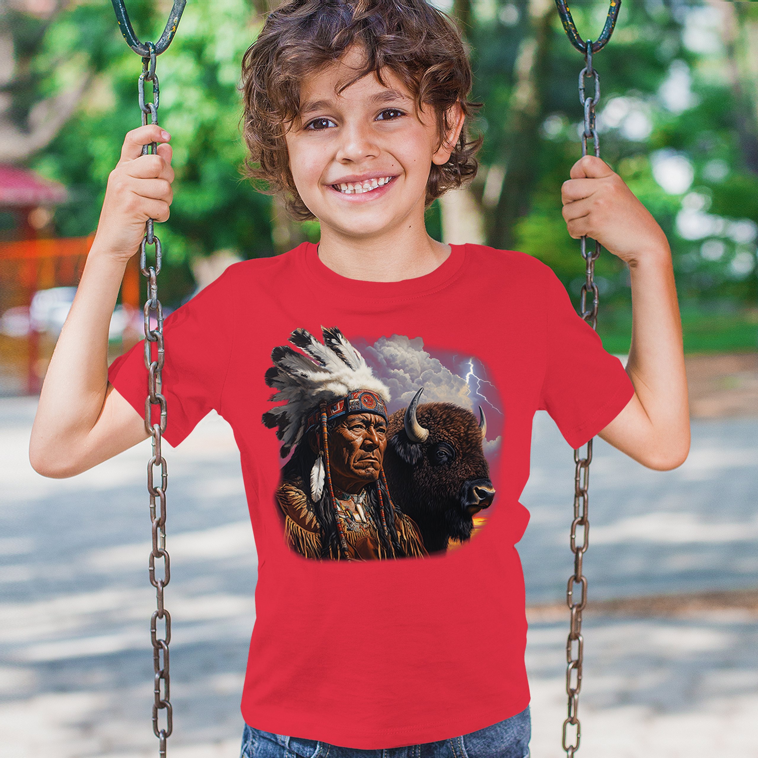 Native American Bison Chief Youth T-shirt Spiritual Buffalo Tribal Totem Kids - Picture 19 of 50