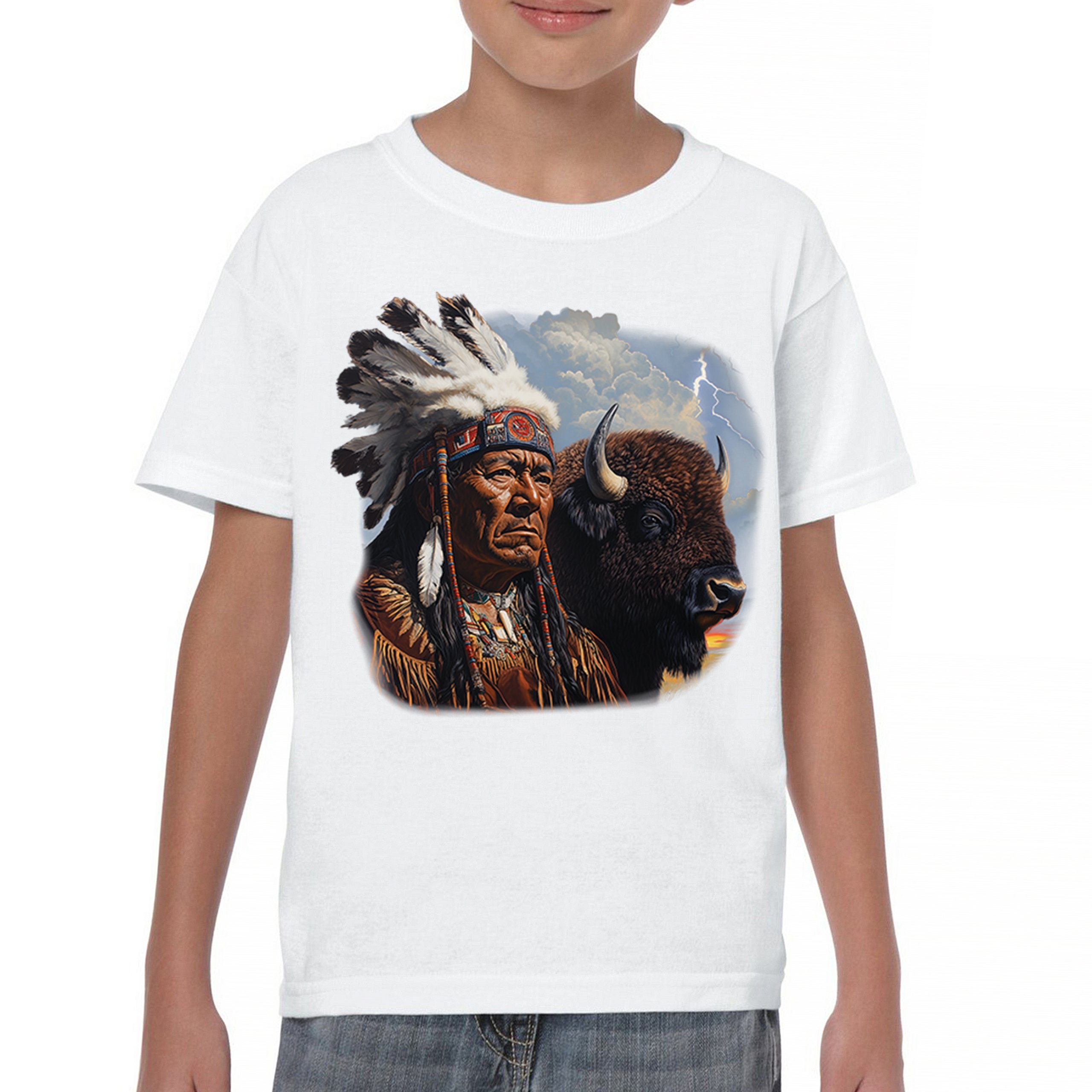Native American Bison Chief Youth T-shirt Spiritual Buffalo Tribal Totem Kids - Picture 23 of 50