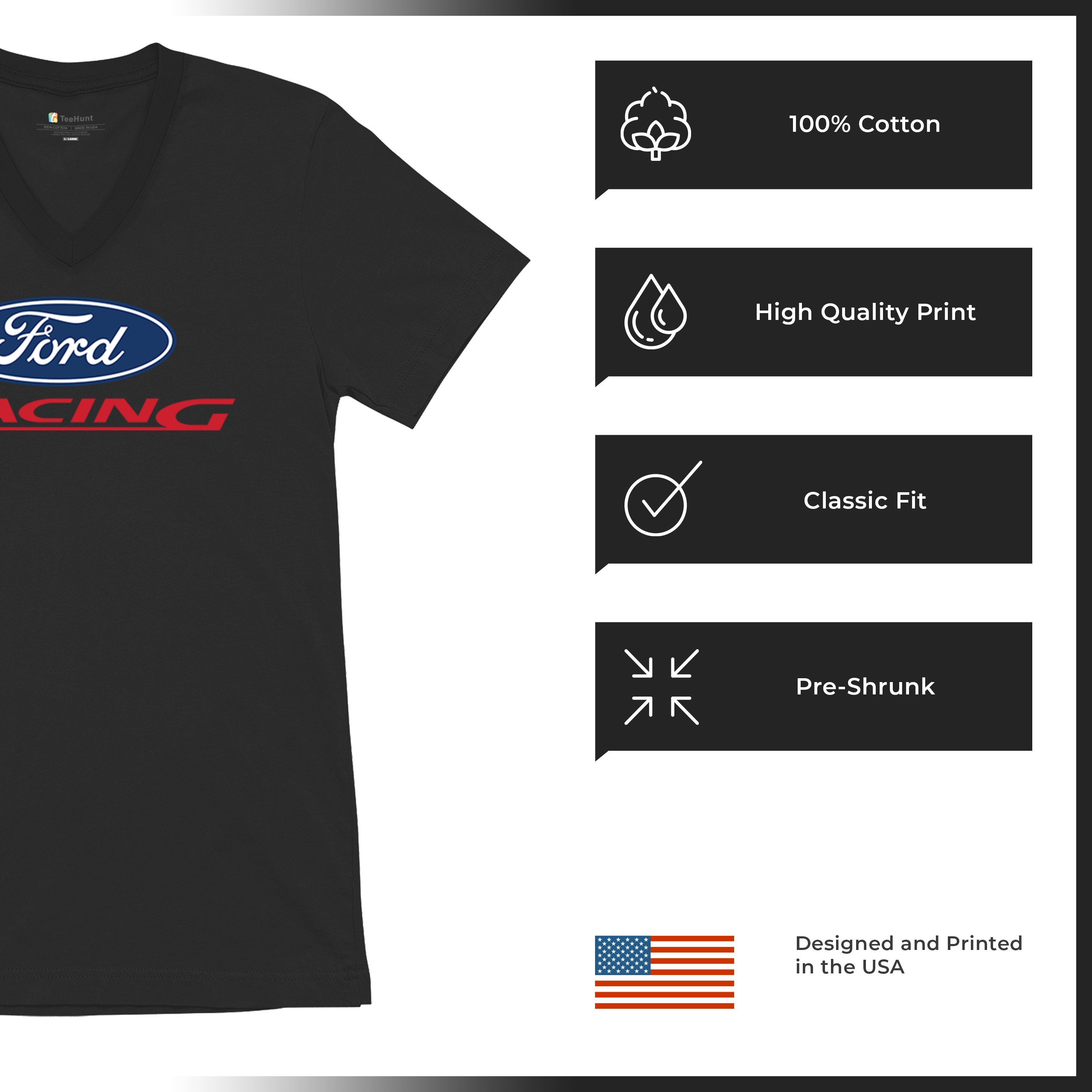 Ford Racing V-Neck T-shirt Muscle Car Mustang Shelby GT Boss Mach1 USA Tee - Picture 7 of 22