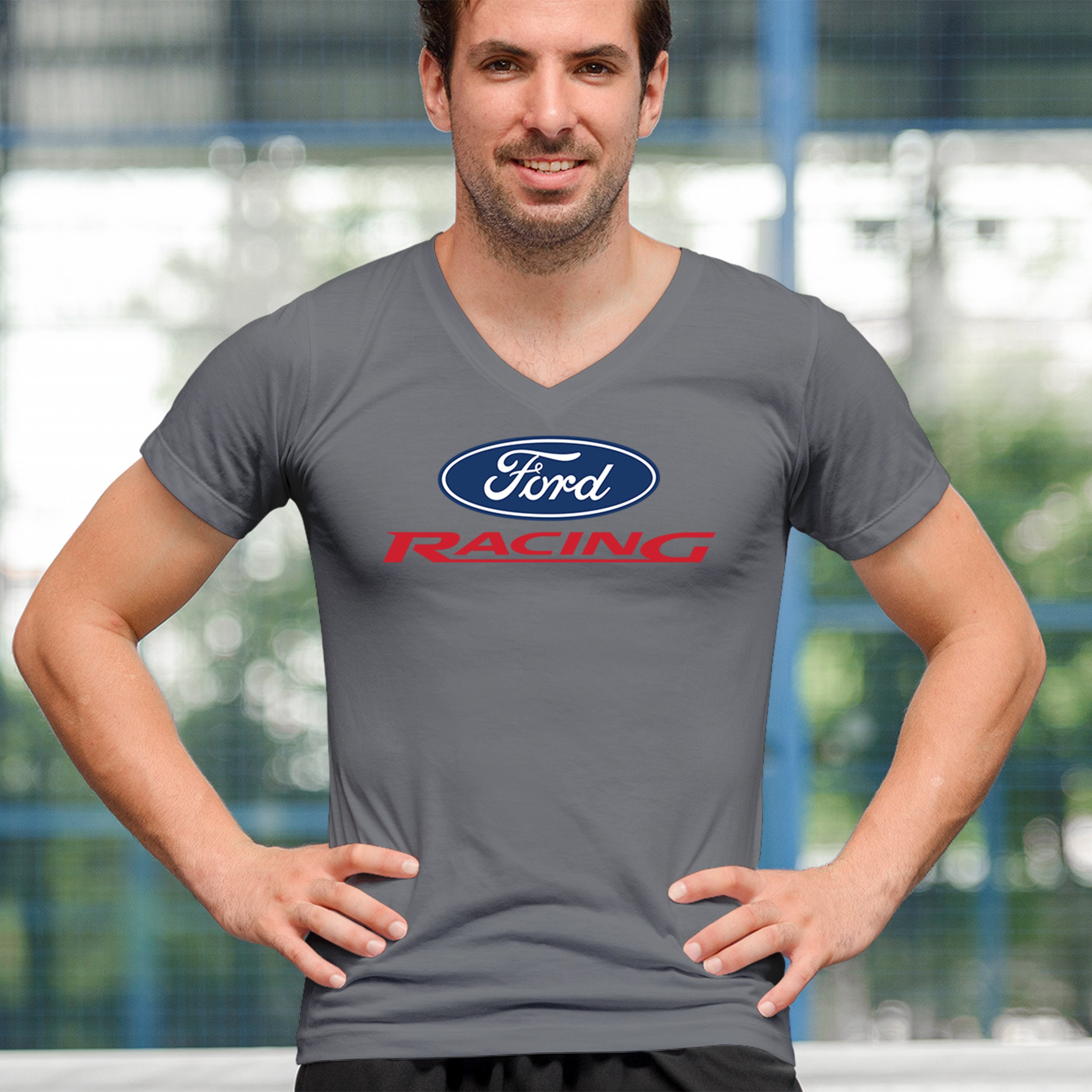Ford Racing V-Neck T-shirt Muscle Car Mustang Shelby GT Boss Mach1 USA Tee - Picture 19 of 22