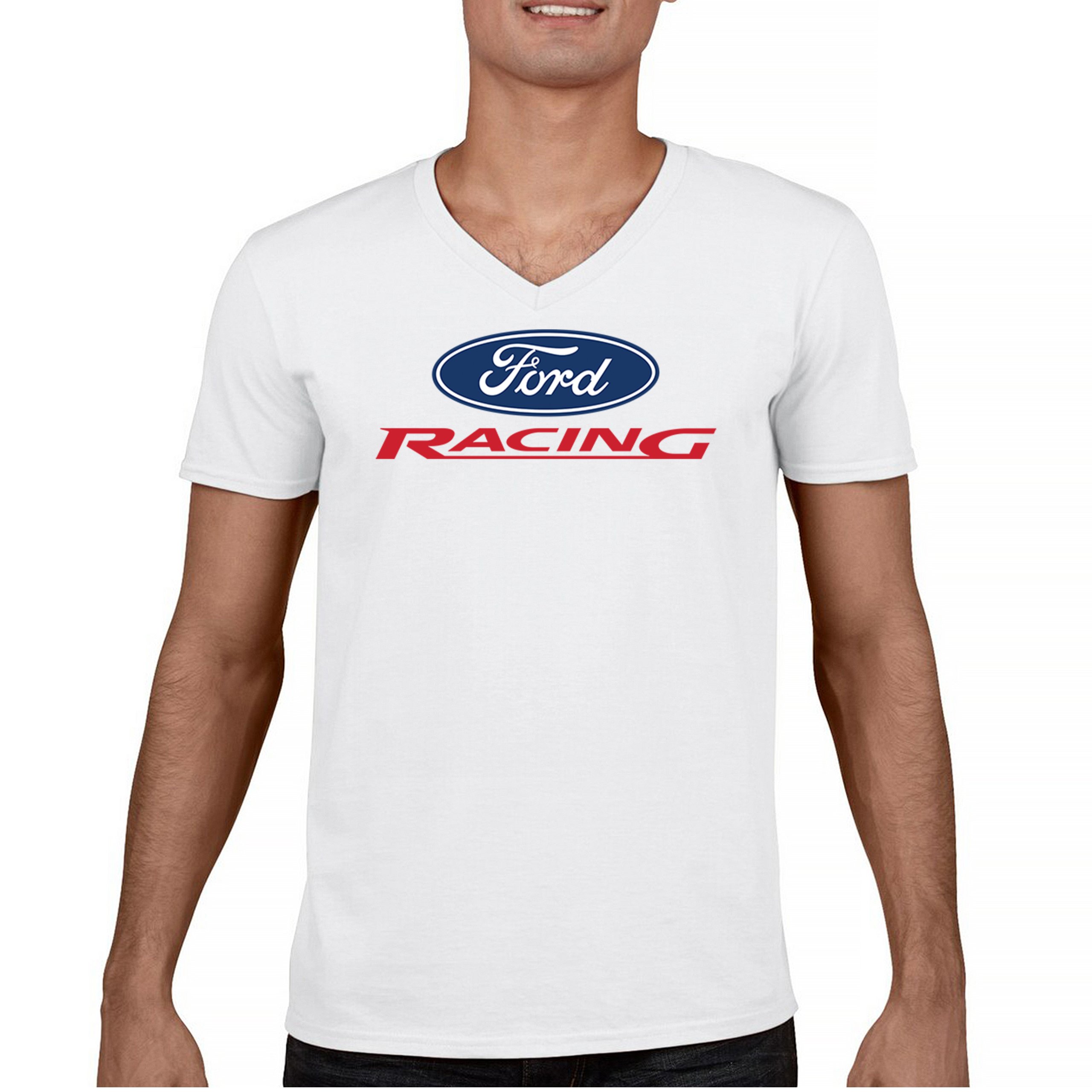 Ford Racing V-Neck T-shirt Muscle Car Mustang Shelby GT Boss Mach1 USA Tee - Picture 9 of 22