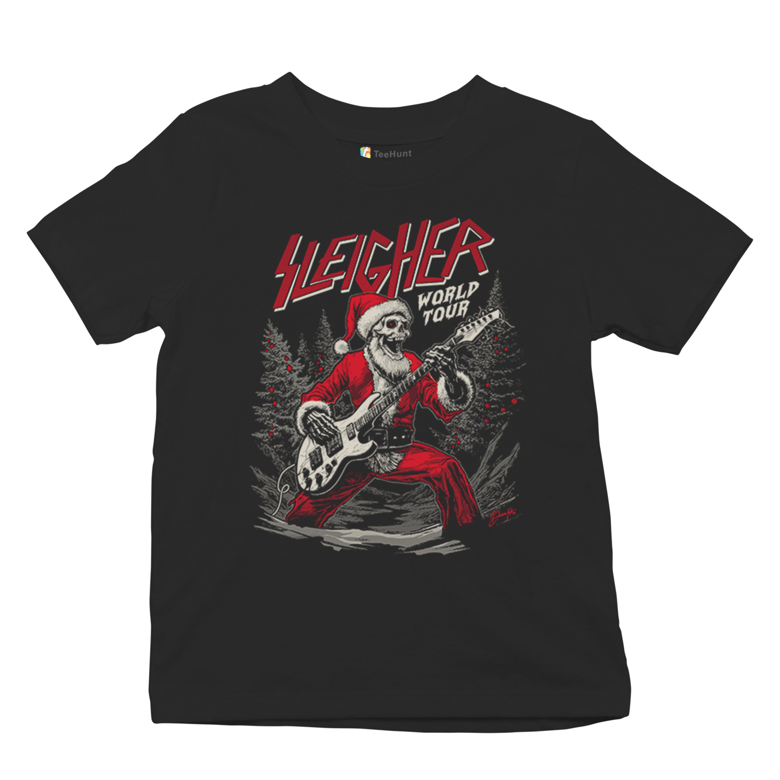 Sleigher World Tour Youth T-shirt Santa Skeleton Rock and Roll Christmas Kids - Picture 6 of 8