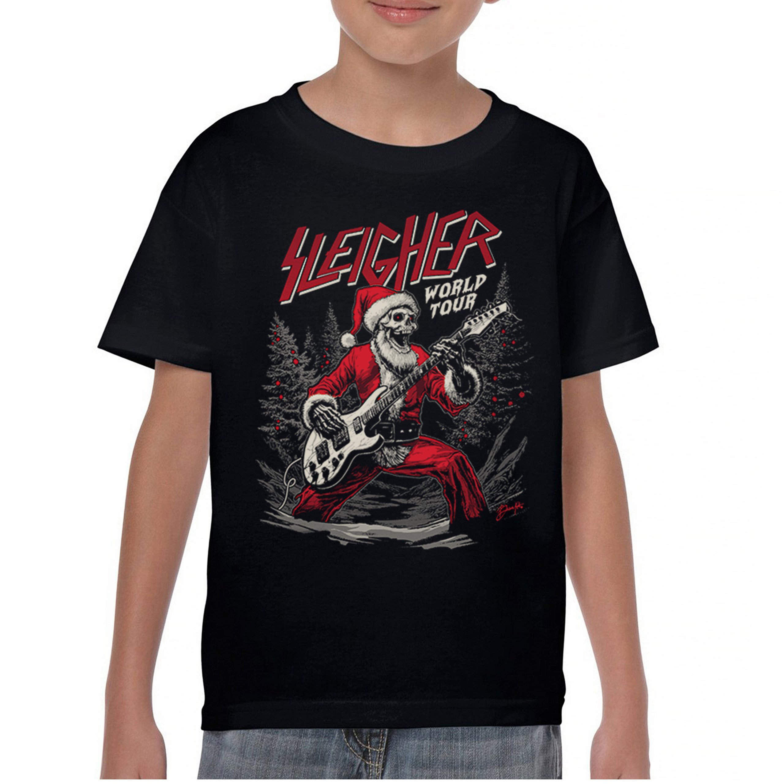 Sleigher World Tour Youth T-shirt Santa Skeleton Rock and Roll Christmas Kids - Picture 2 of 8
