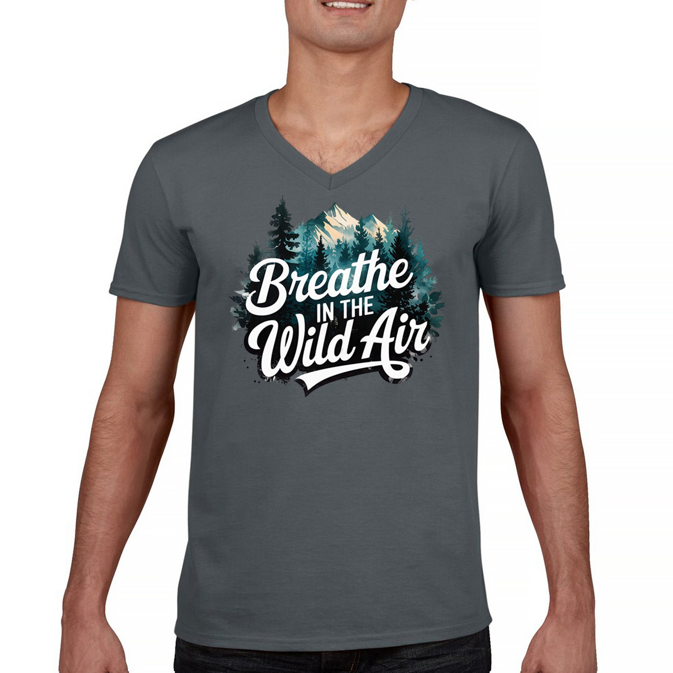 Breathe in the Air Camping Men’s V-Neck T-shirt Happy Camper Hiking Campfire