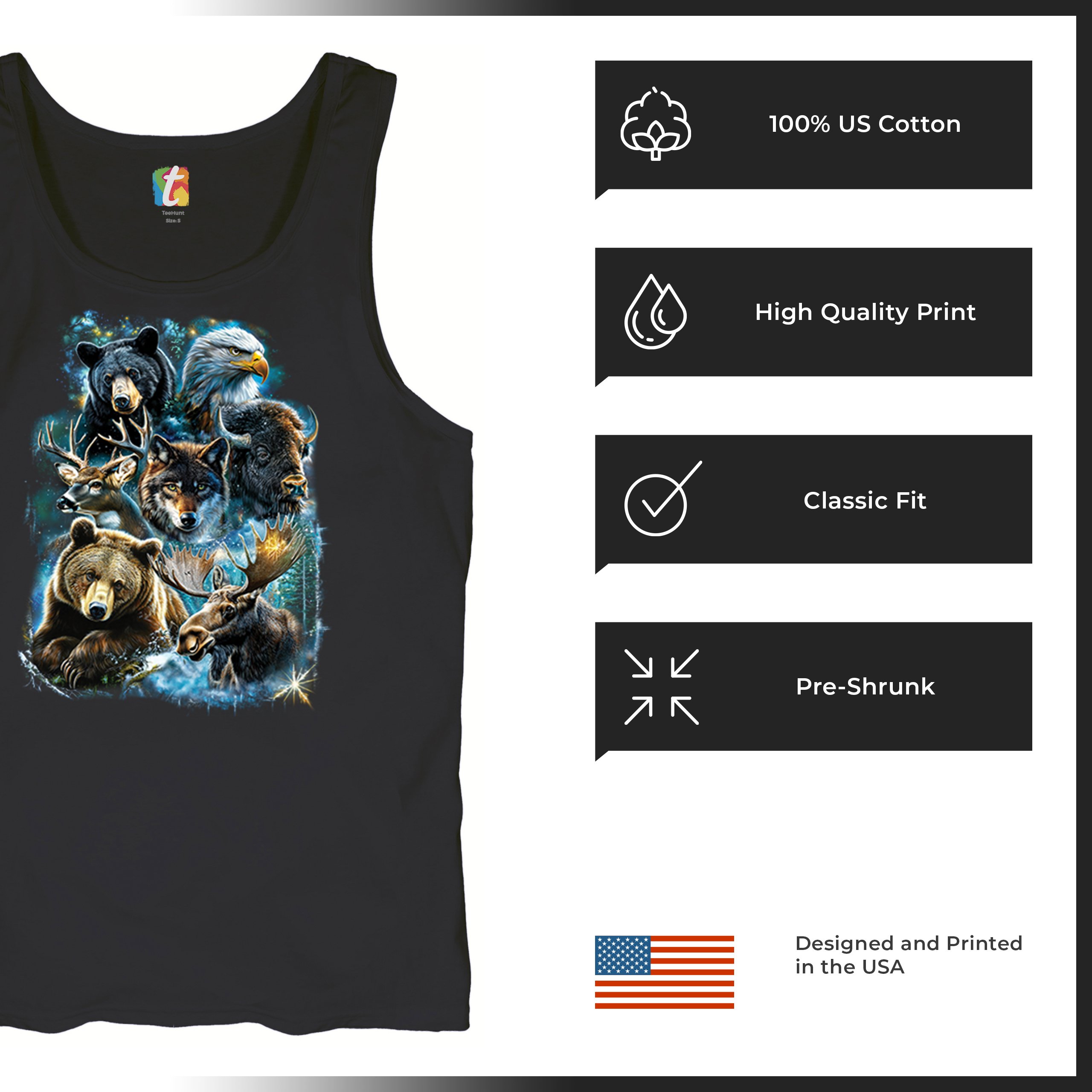 Wildlife Collage Tank Top Animal Nature Lovers Wolf Moose Forest Men's Top - Picture 7 of 43