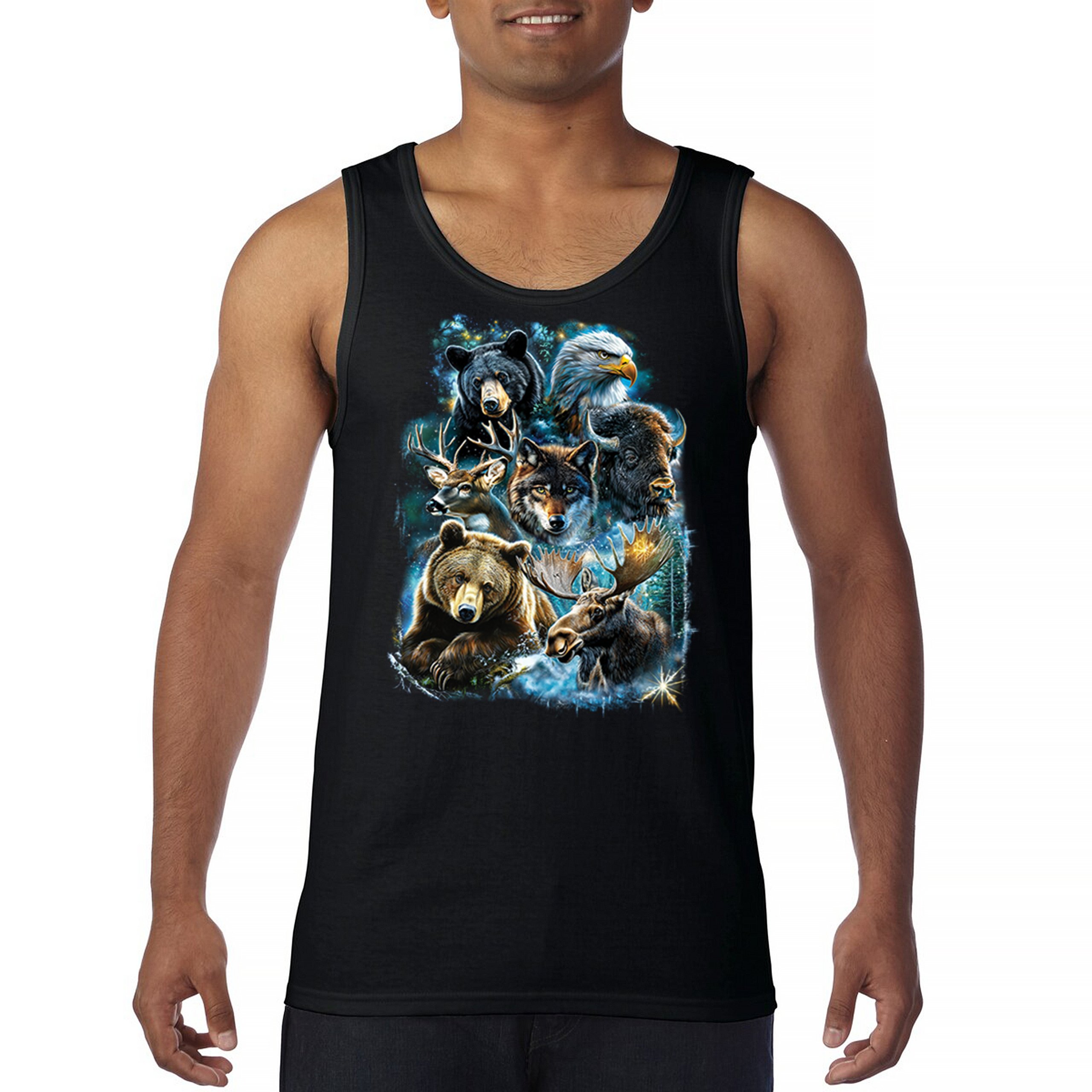 Wildlife Collage Tank Top Animal Nature Lovers Wolf Moose Forest Men's Top - Picture 2 of 43