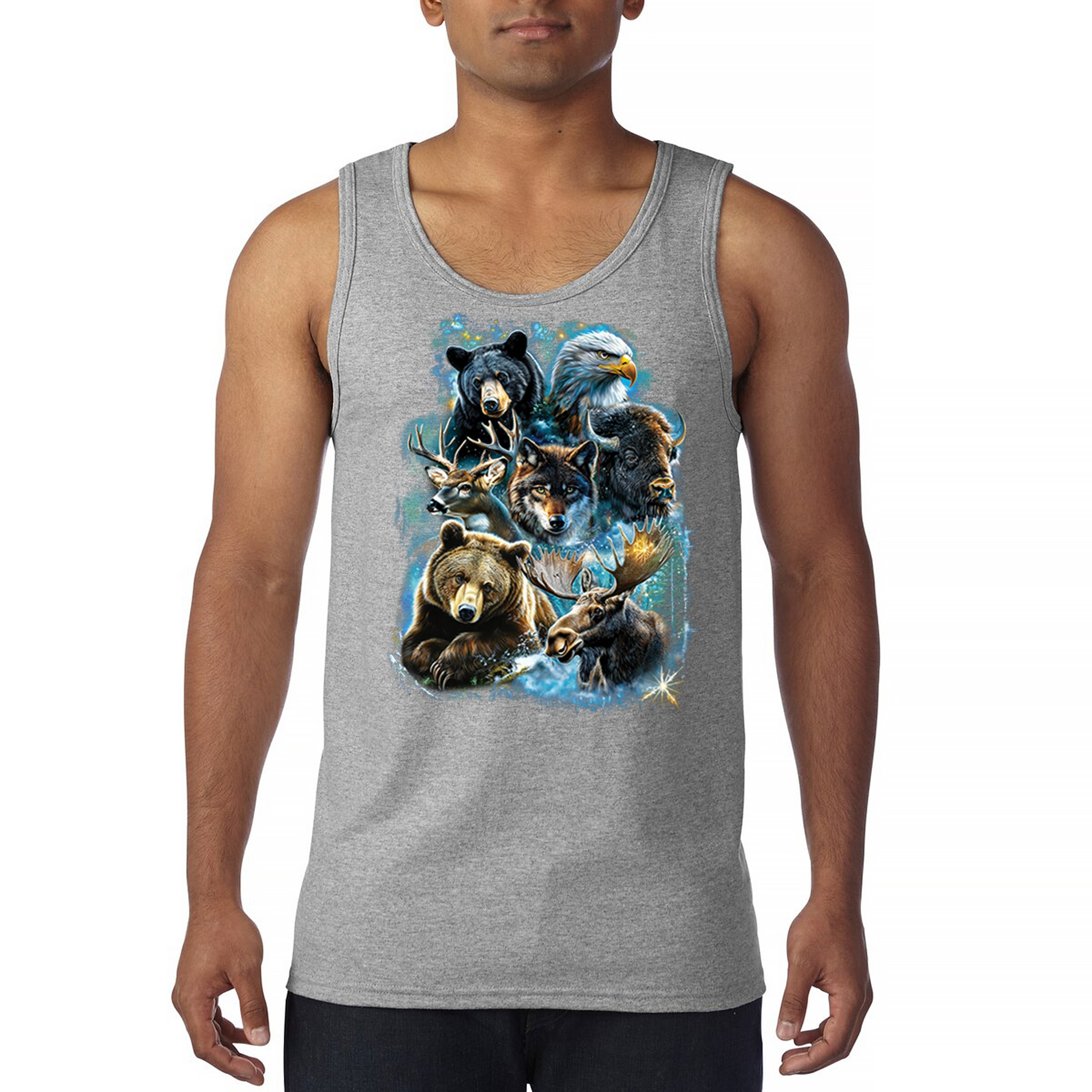 Wildlife Collage Tank Top Animal Nature Lovers Wolf Moose Forest Men's Top - Picture 9 of 43