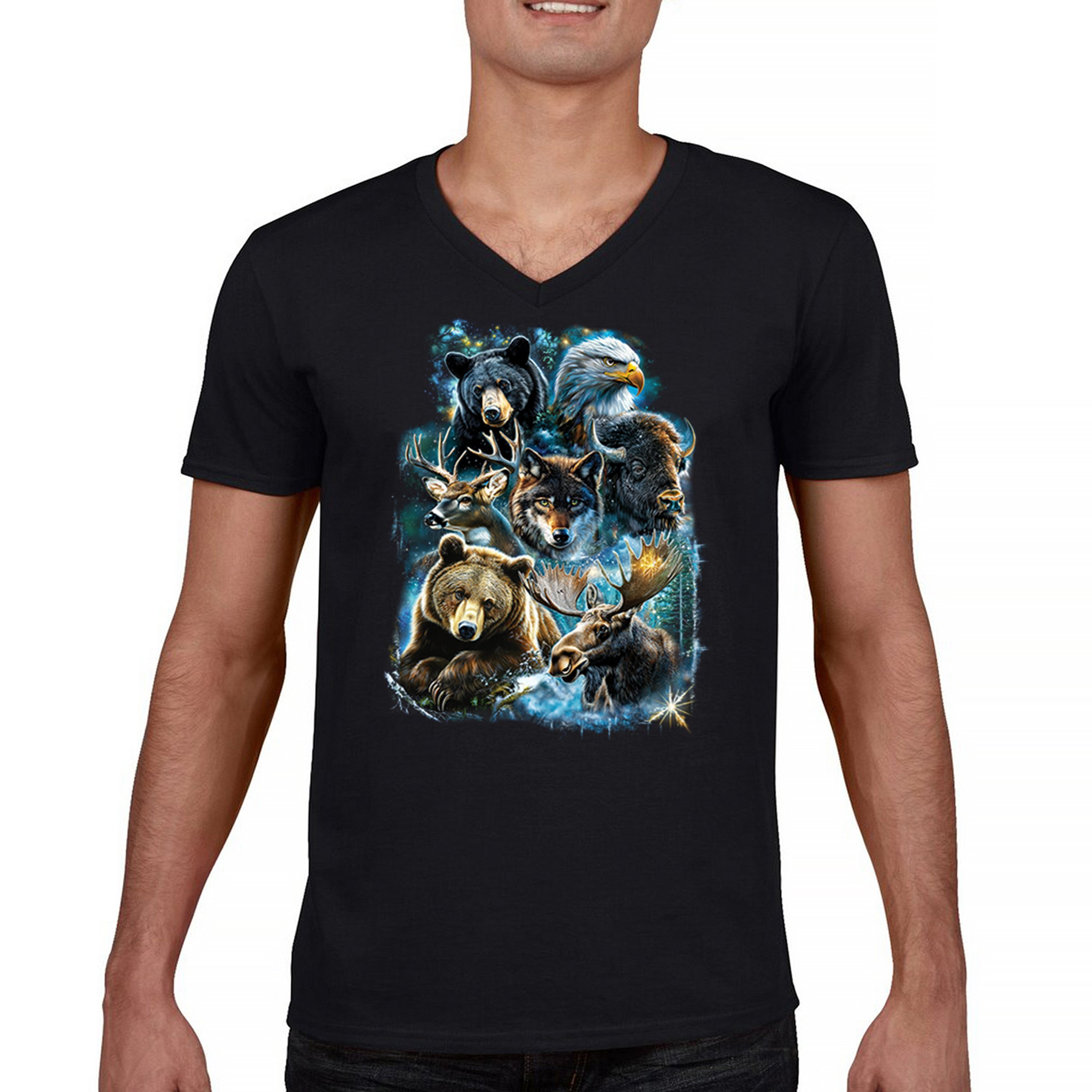 Wildlife Collage V-Neck T-shirt Animal Nature Lovers Wolf Moose Forest Tee