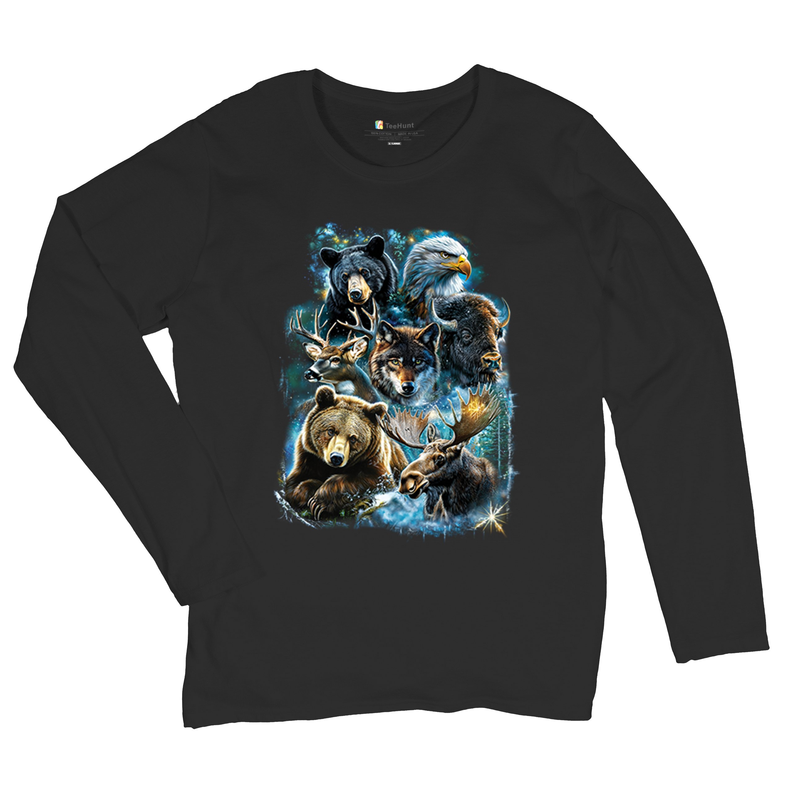 Wildlife Collage Women's Long Sleeve T-shirt Animal Nature Lovers Wolf Forest - Picture 6 of 50