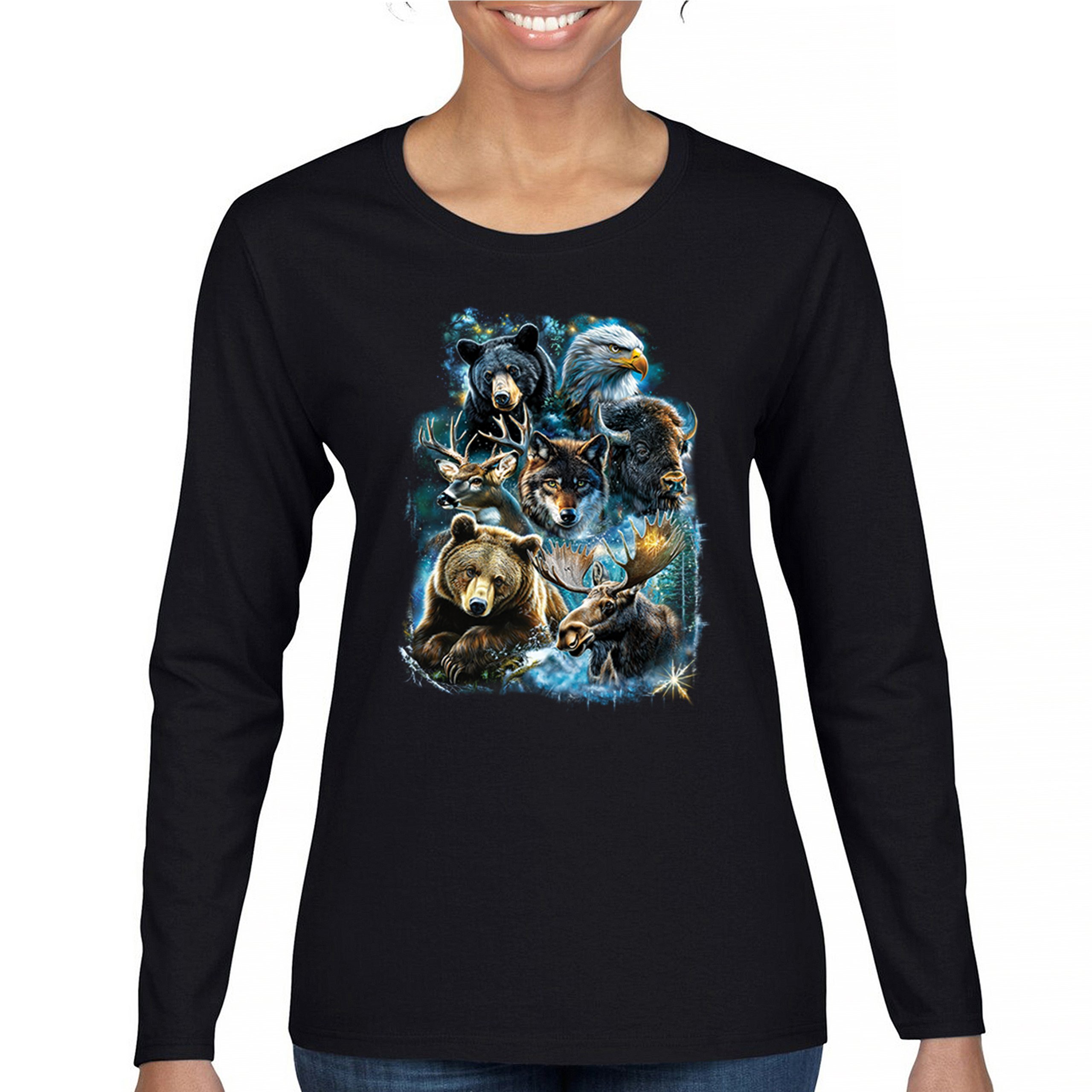 Wildlife Collage Women's Long Sleeve T-shirt Animal Nature Lovers Wolf Forest - Picture 2 of 50