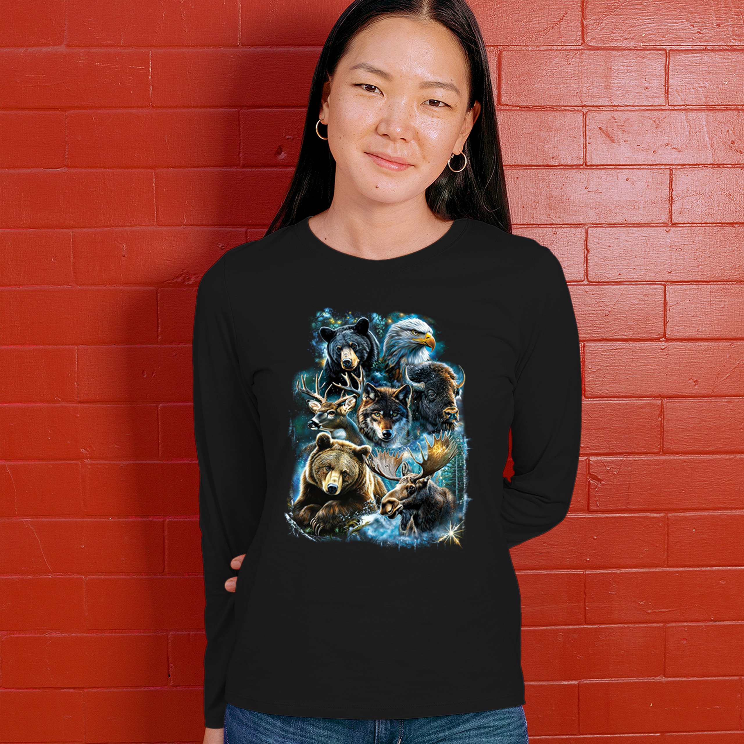 Wildlife Collage Women's Long Sleeve T-shirt Animal Nature Lovers Wolf Forest - Picture 5 of 50