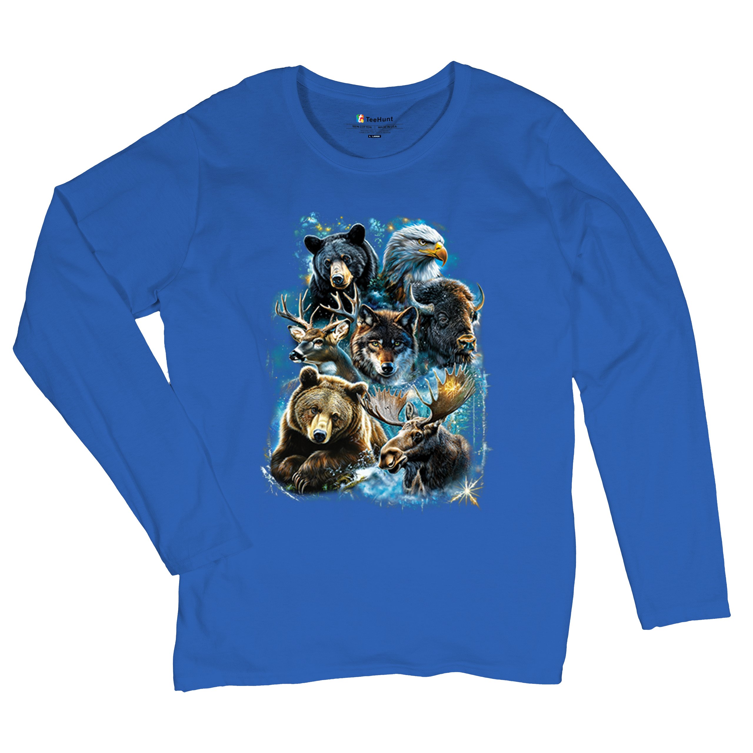 Wildlife Collage Women's Long Sleeve T-shirt Animal Nature Lovers Wolf Forest - Picture 41 of 50