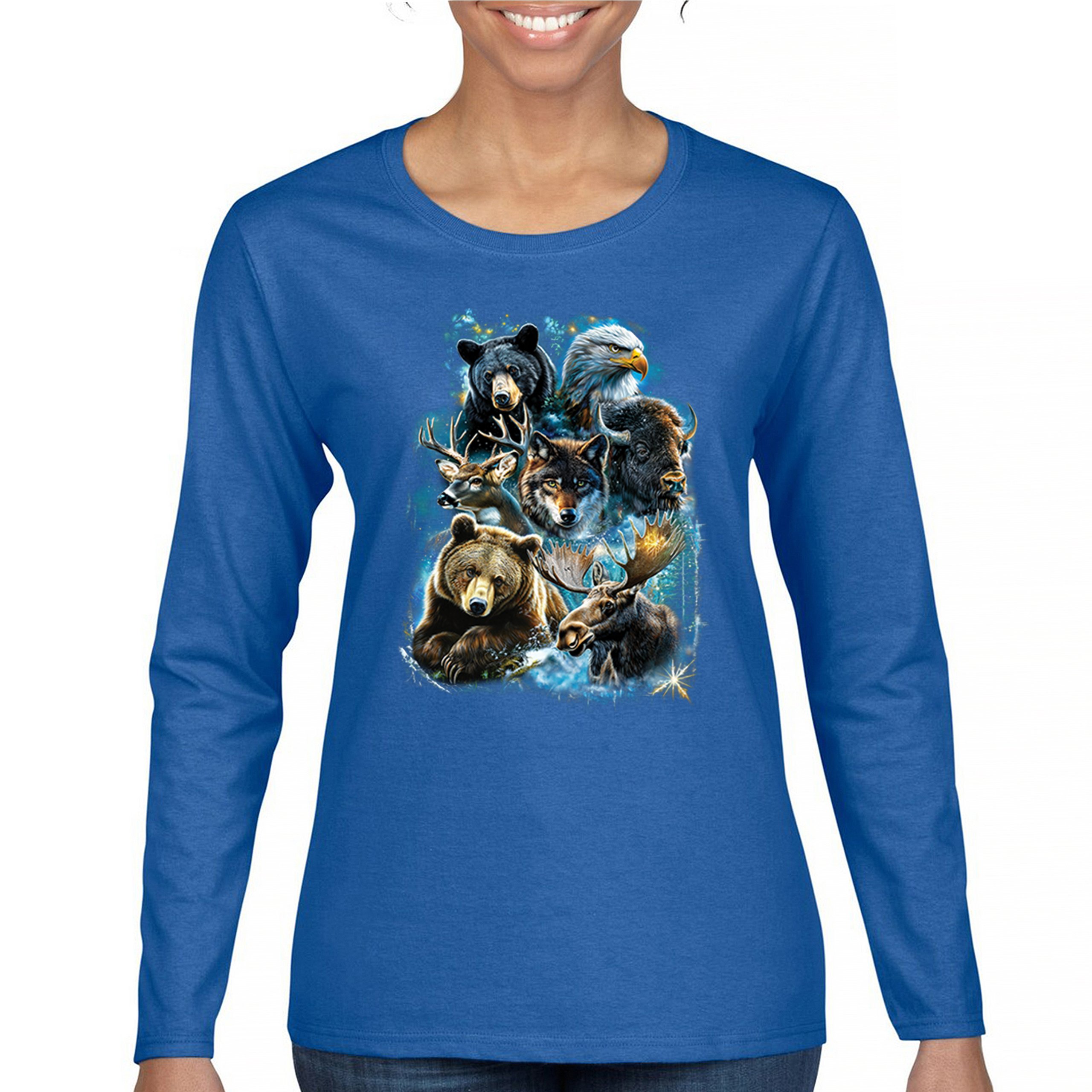 Wildlife Collage Women's Long Sleeve T-shirt Animal Nature Lovers Wolf Forest - Picture 37 of 50