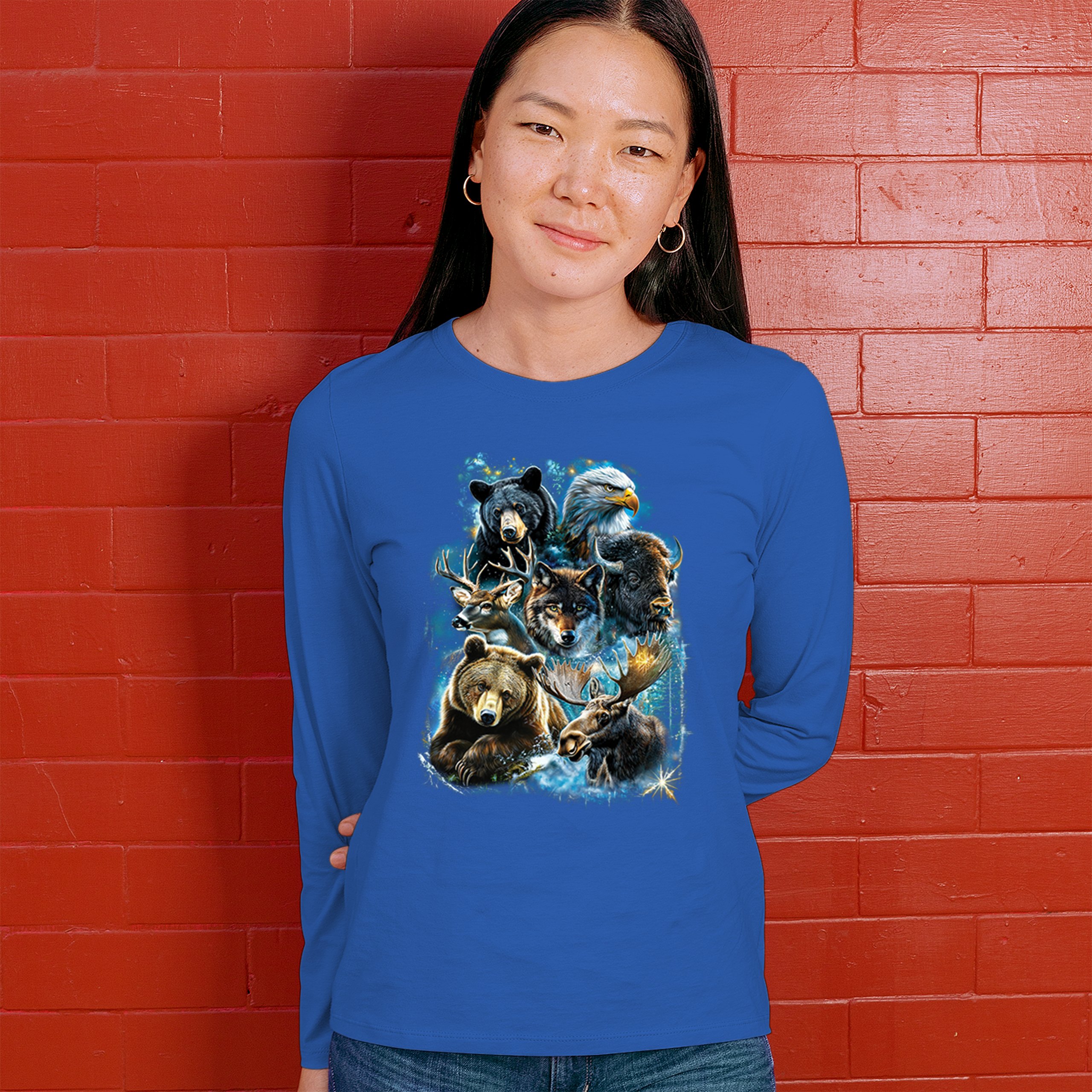Wildlife Collage Women's Long Sleeve T-shirt Animal Nature Lovers Wolf Forest - Picture 40 of 50
