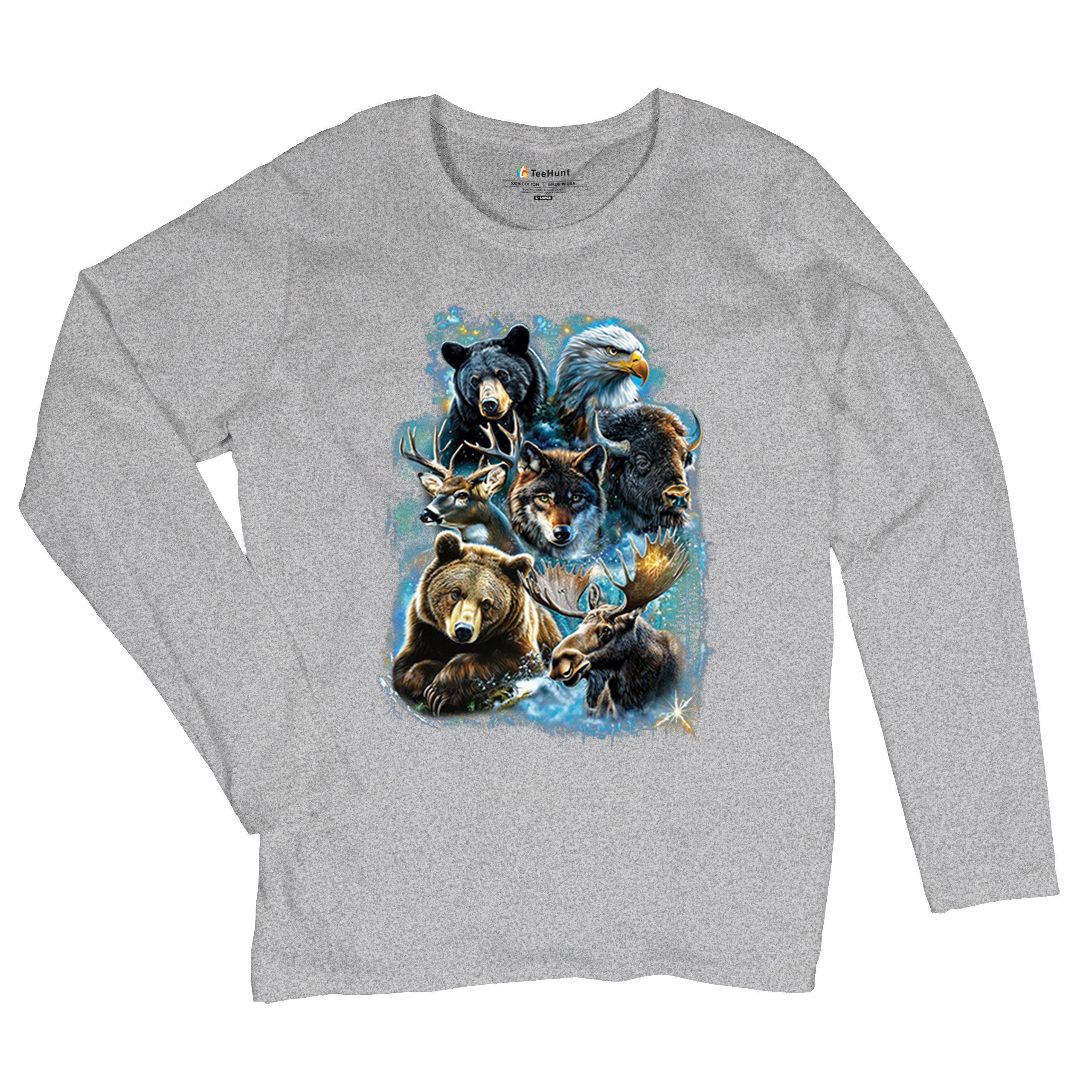 Wildlife Collage Women's Long Sleeve T-shirt Animal Nature Lovers Wolf Forest - Picture 13 of 50