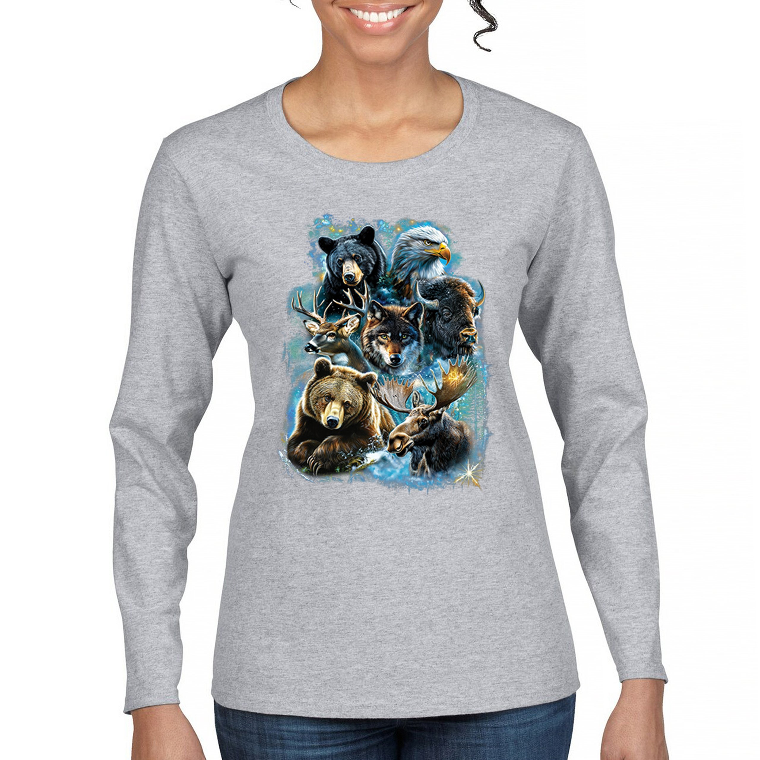 Wildlife Collage Women's Long Sleeve T-shirt Animal Nature Lovers Wolf Forest - Picture 9 of 50