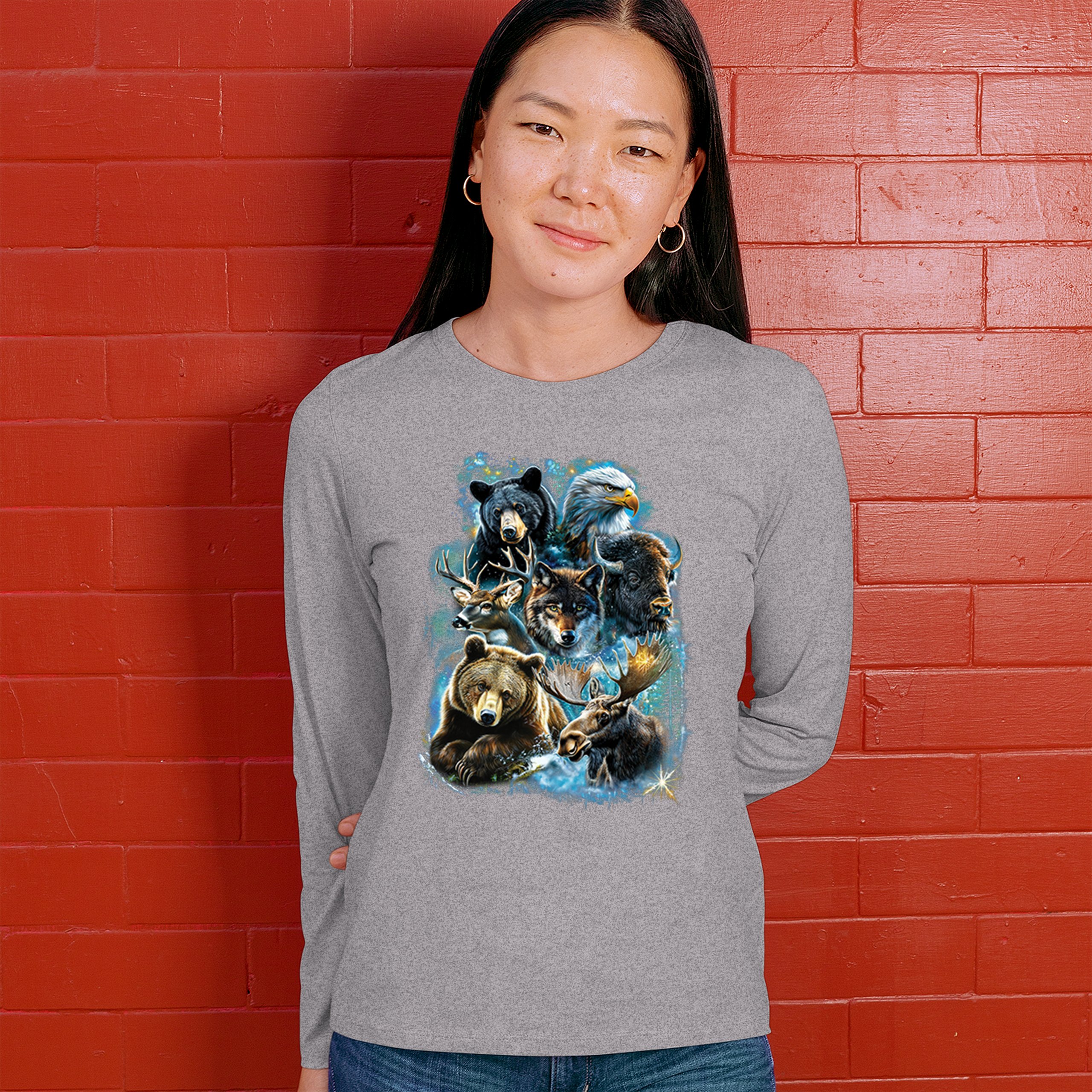 Wildlife Collage Women's Long Sleeve T-shirt Animal Nature Lovers Wolf Forest - Picture 12 of 50