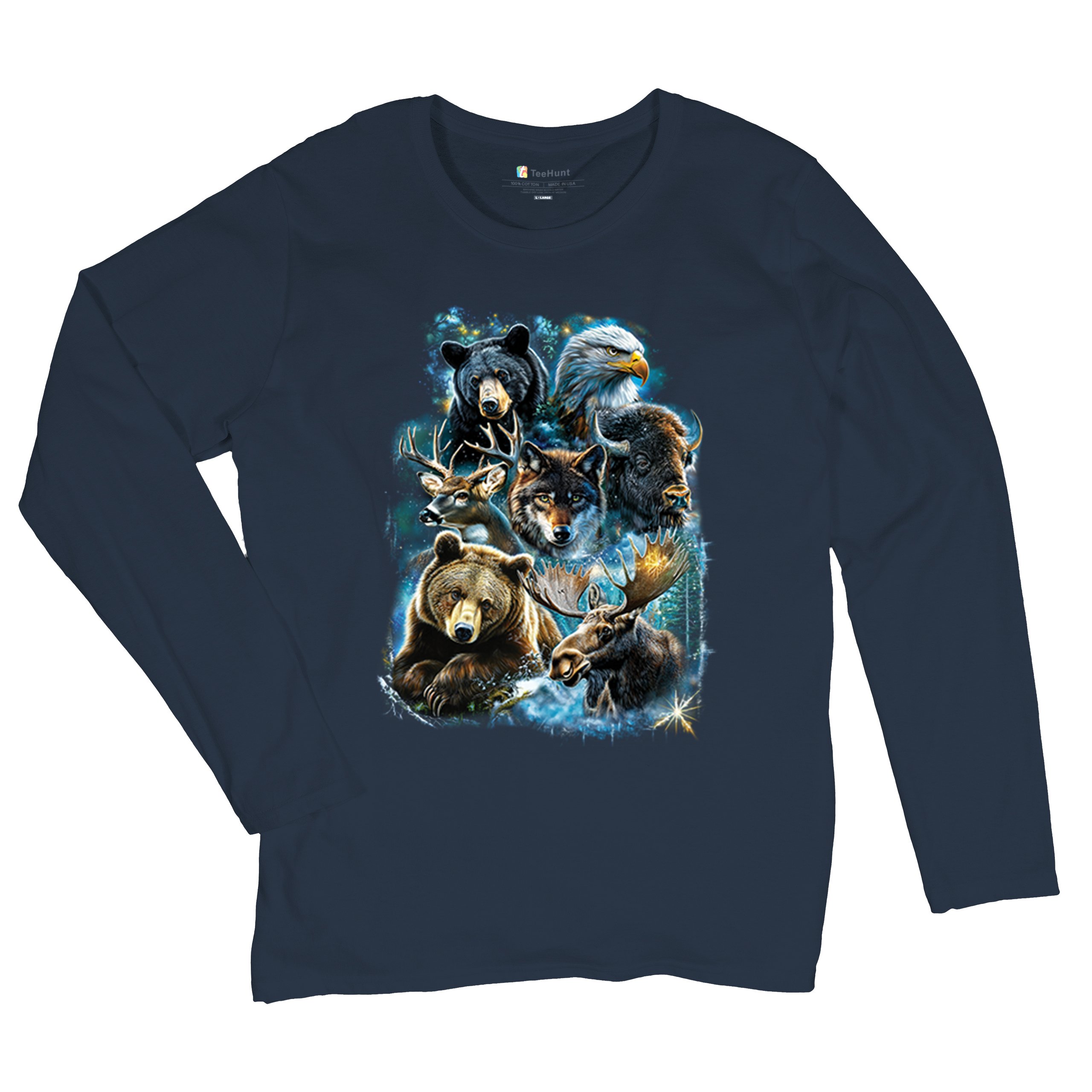 Wildlife Collage Women's Long Sleeve T-shirt Animal Nature Lovers Wolf Forest - Picture 34 of 50