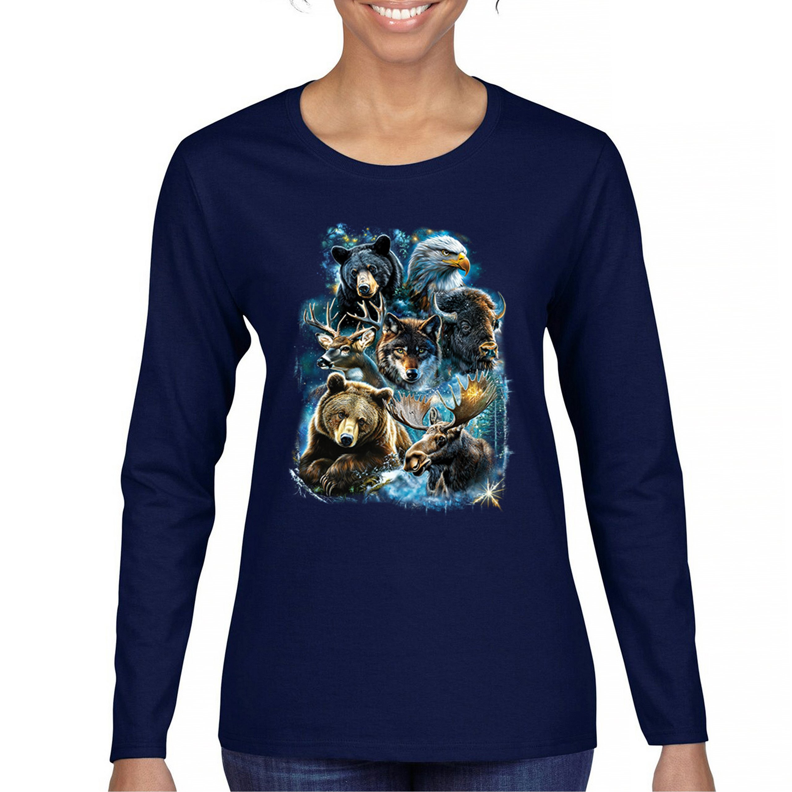 Wildlife Collage Women's Long Sleeve T-shirt Animal Nature Lovers Wolf Forest - Picture 30 of 50