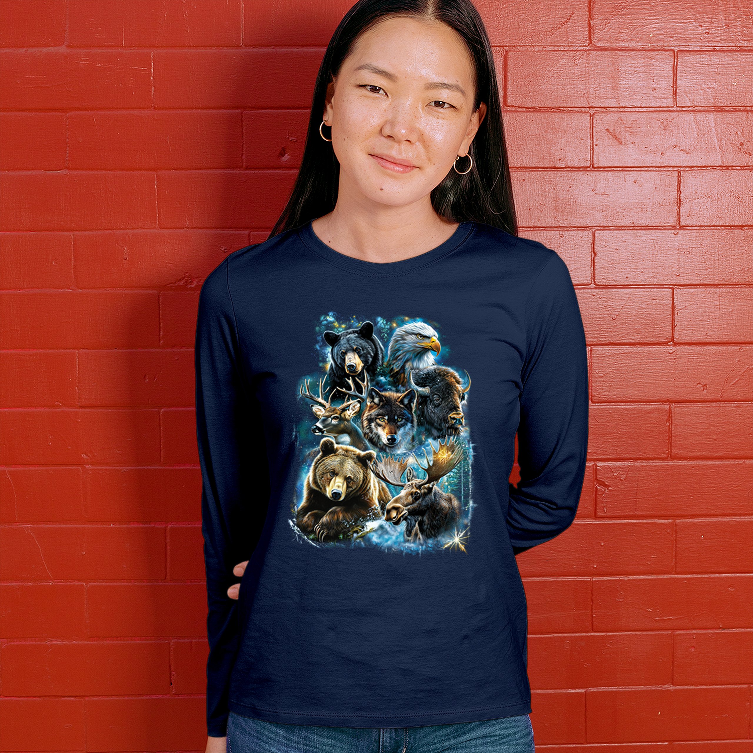 Wildlife Collage Women's Long Sleeve T-shirt Animal Nature Lovers Wolf Forest - Picture 33 of 50