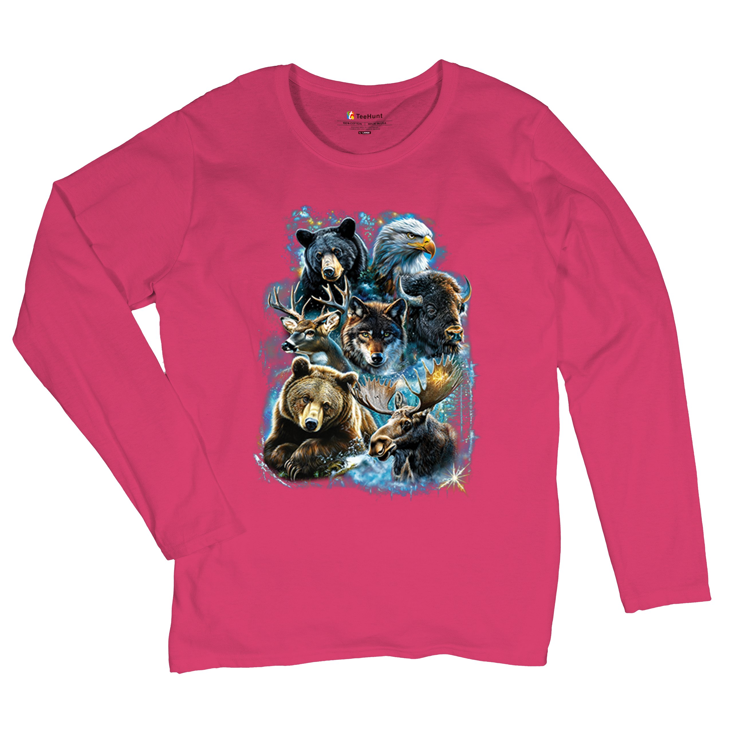 Wildlife Collage Women's Long Sleeve T-shirt Animal Nature Lovers Wolf Forest - Picture 48 of 50