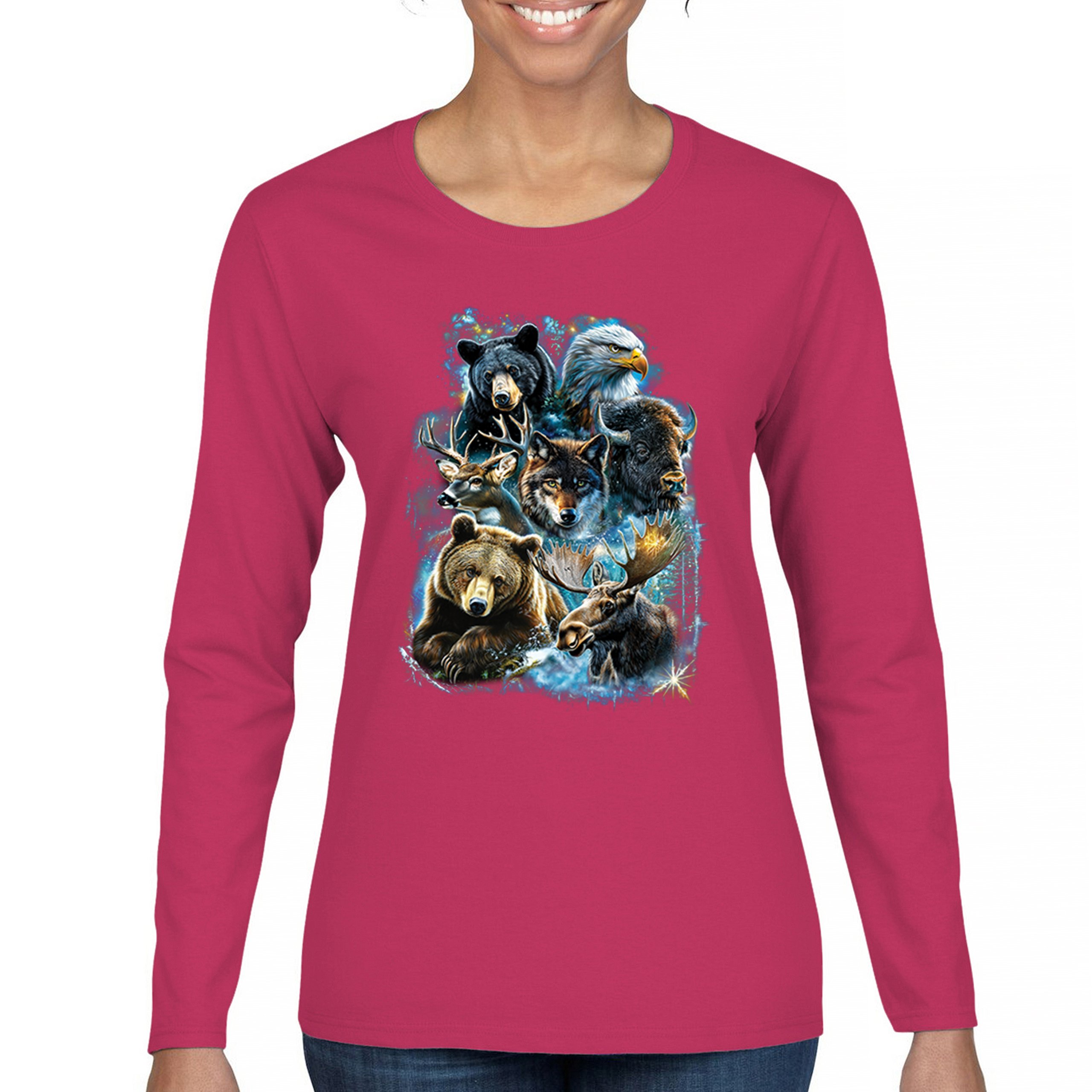 Wildlife Collage Women's Long Sleeve T-shirt Animal Nature Lovers Wolf Forest - Picture 44 of 50