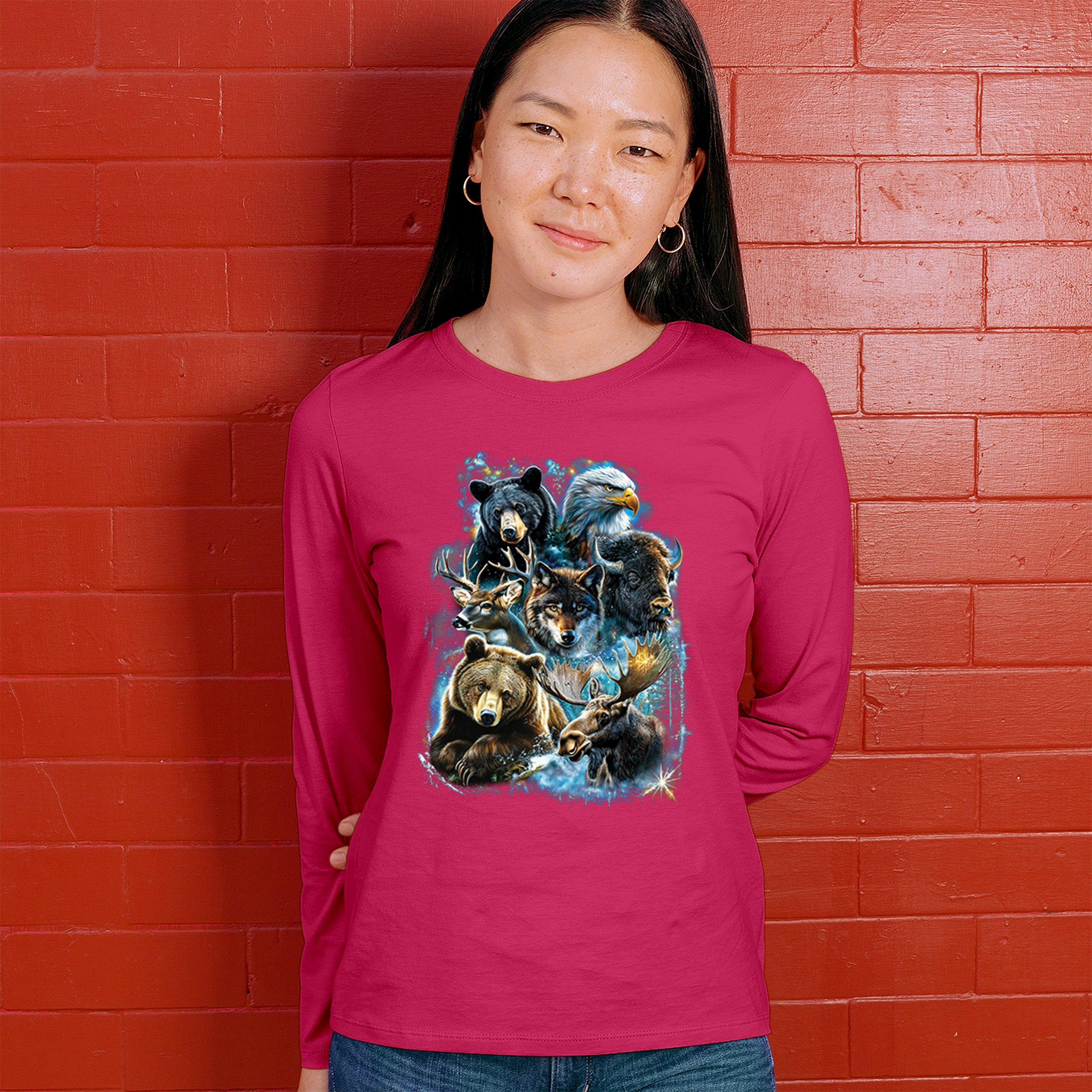 Wildlife Collage Women's Long Sleeve T-shirt Animal Nature Lovers Wolf Forest - Picture 47 of 50