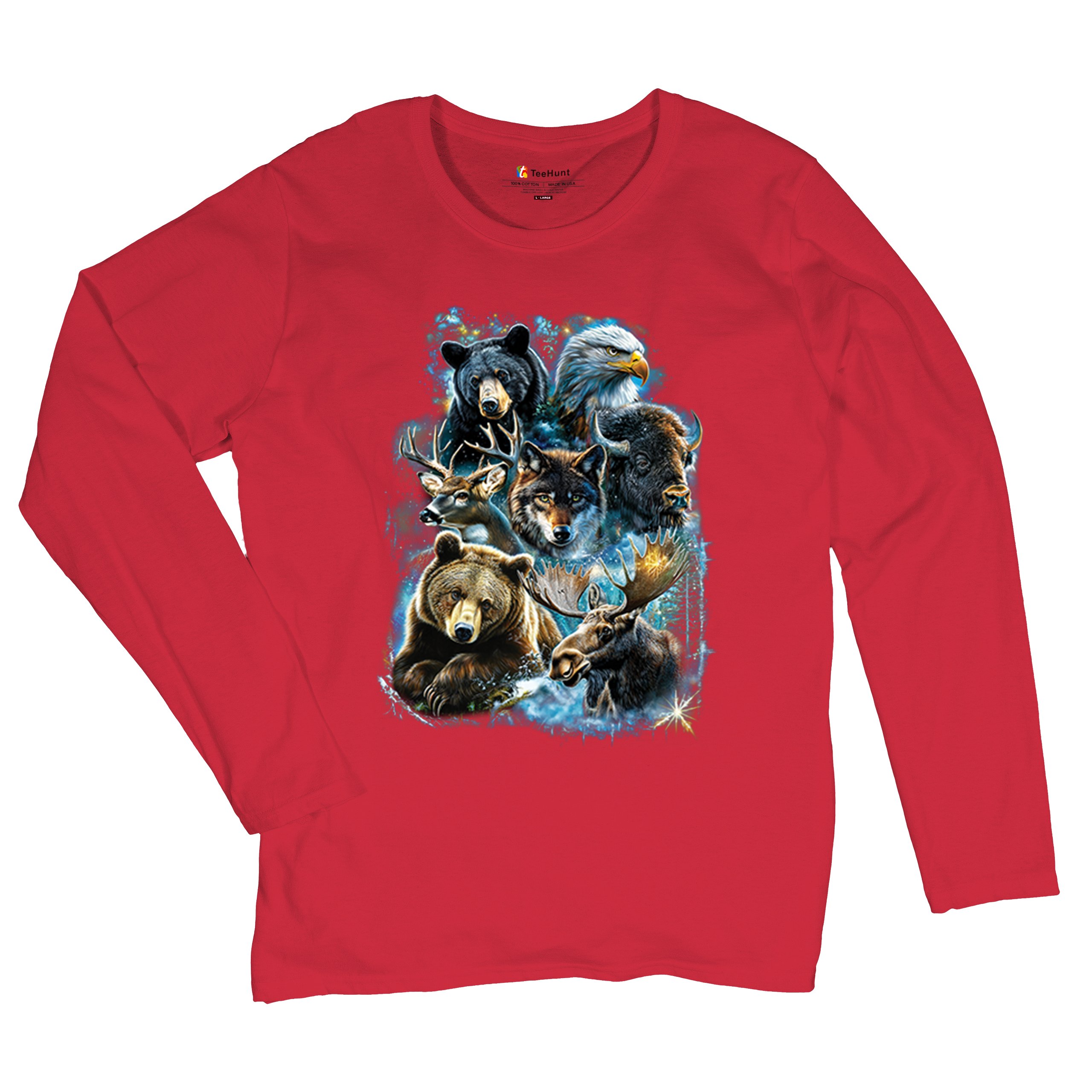 Wildlife Collage Women's Long Sleeve T-shirt Animal Nature Lovers Wolf Forest - Picture 20 of 50