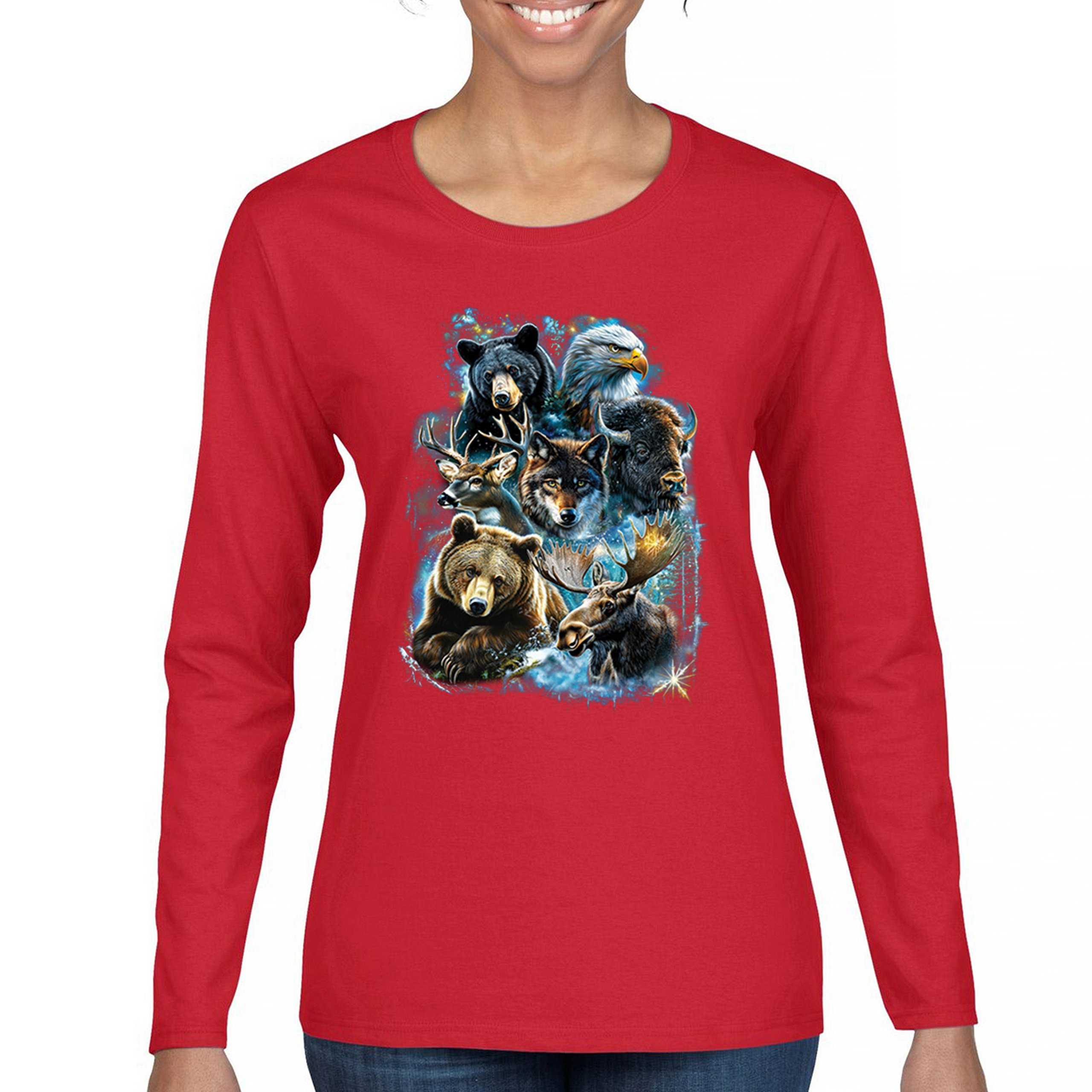 Wildlife Collage Women's Long Sleeve T-shirt Animal Nature Lovers Wolf Forest - Picture 16 of 50