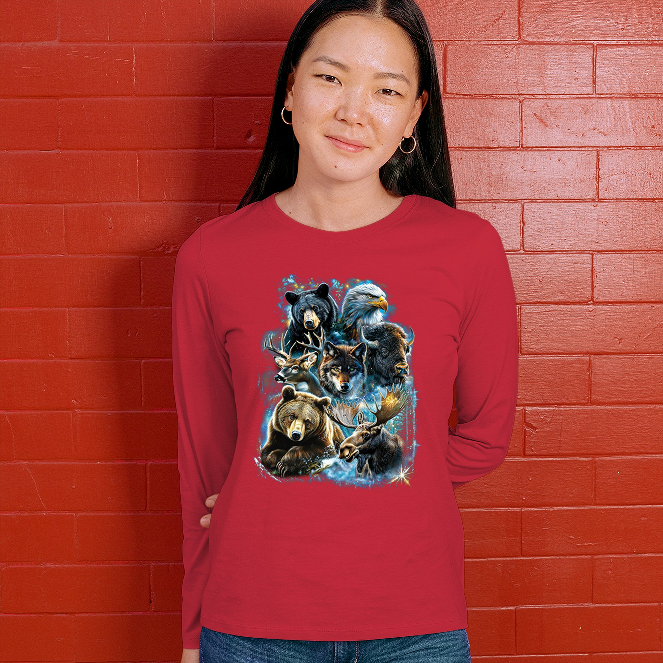 Wildlife Collage Women's Long Sleeve T-shirt Animal Nature Lovers Wolf Forest - Picture 19 of 50